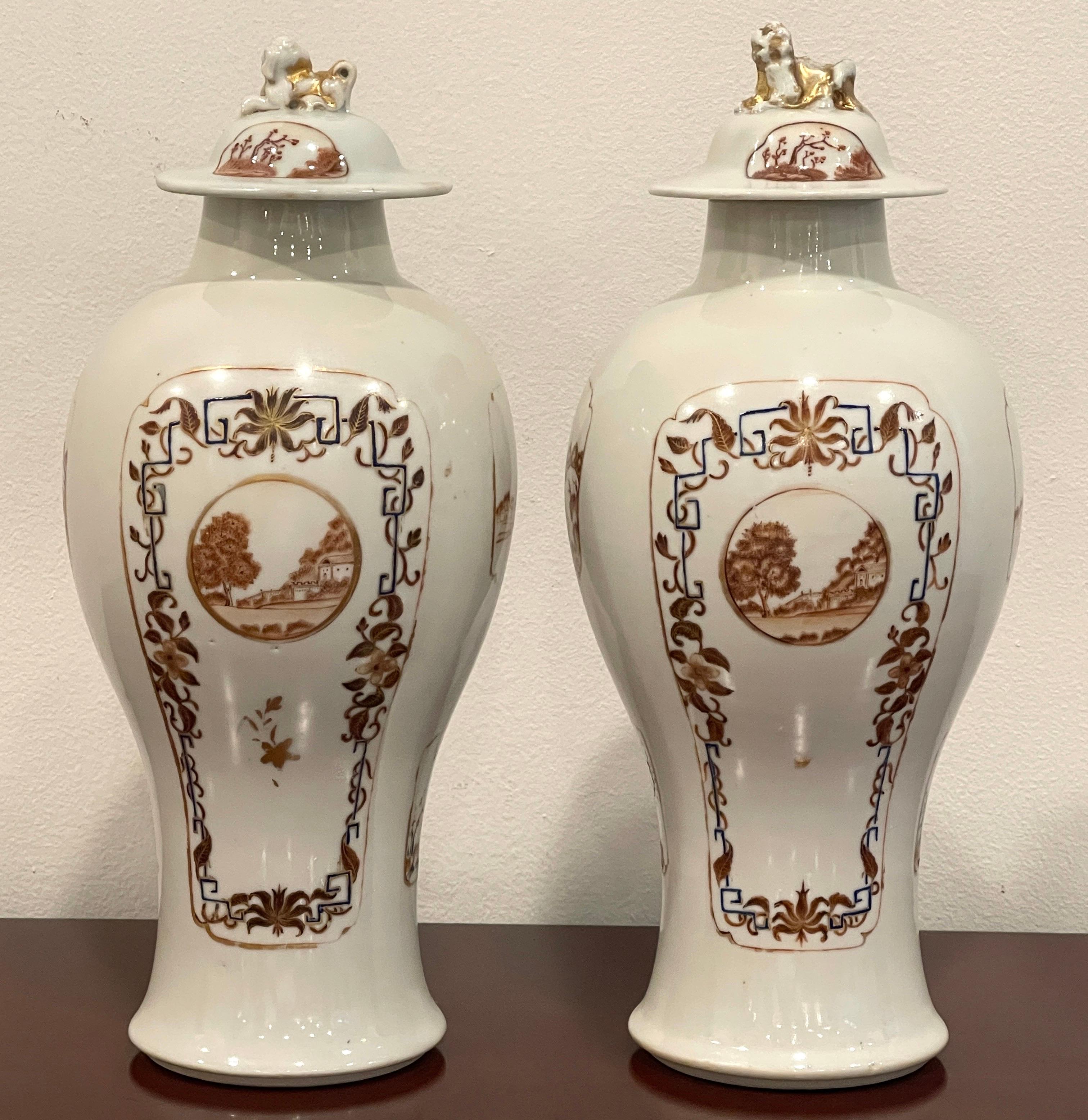 Pair of Chinese Export Porcelain  American* Market Landscape Vases & Covers  For Sale 11