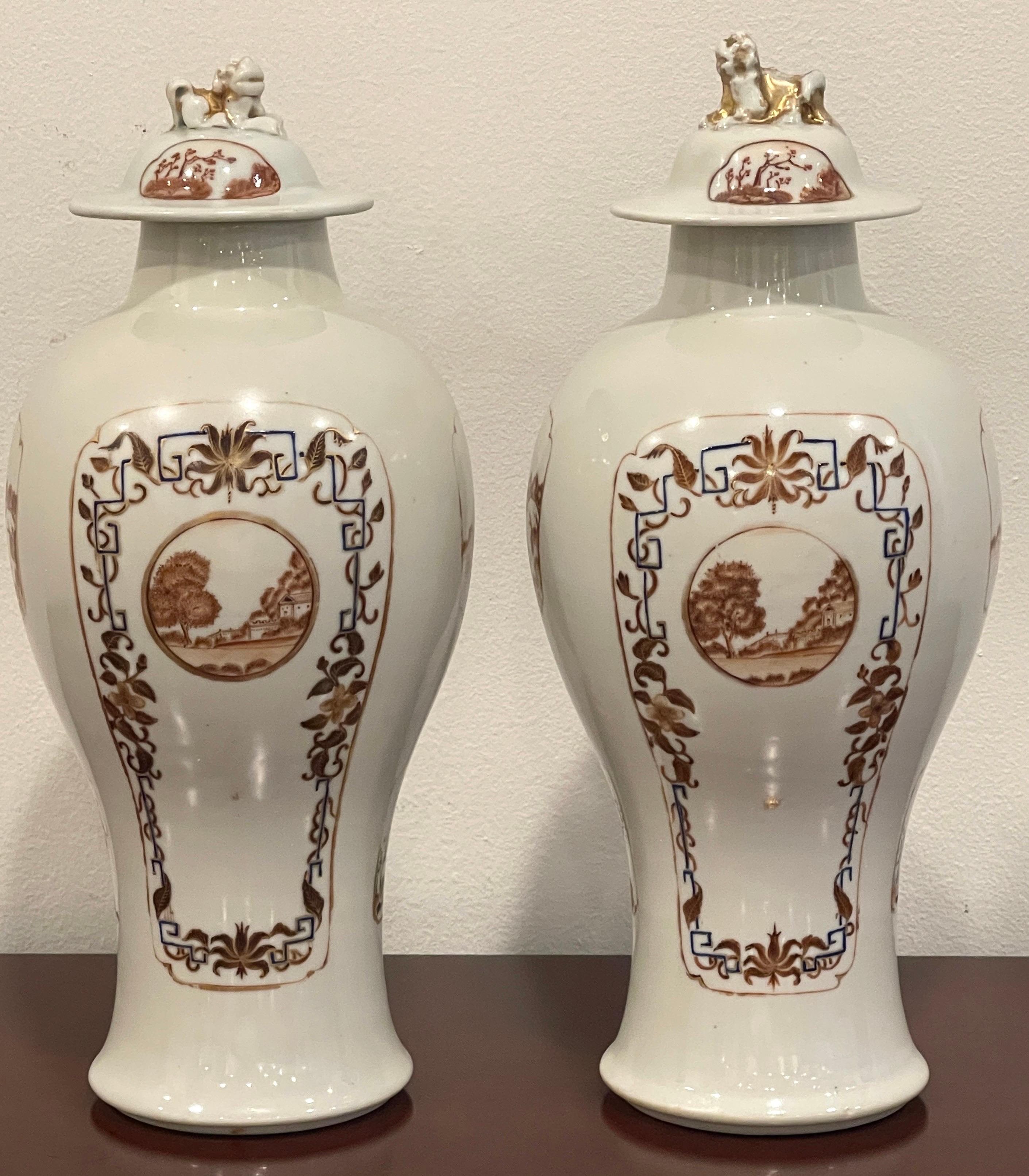 Pair of Chinese Export Porcelain American* Market Landscape Vases & Covers 
China, Circa 1800

* American/ European Market,  considered to the Chinese to be the same market,  by many. it's been suggested the front and back  vignettes of houses in
