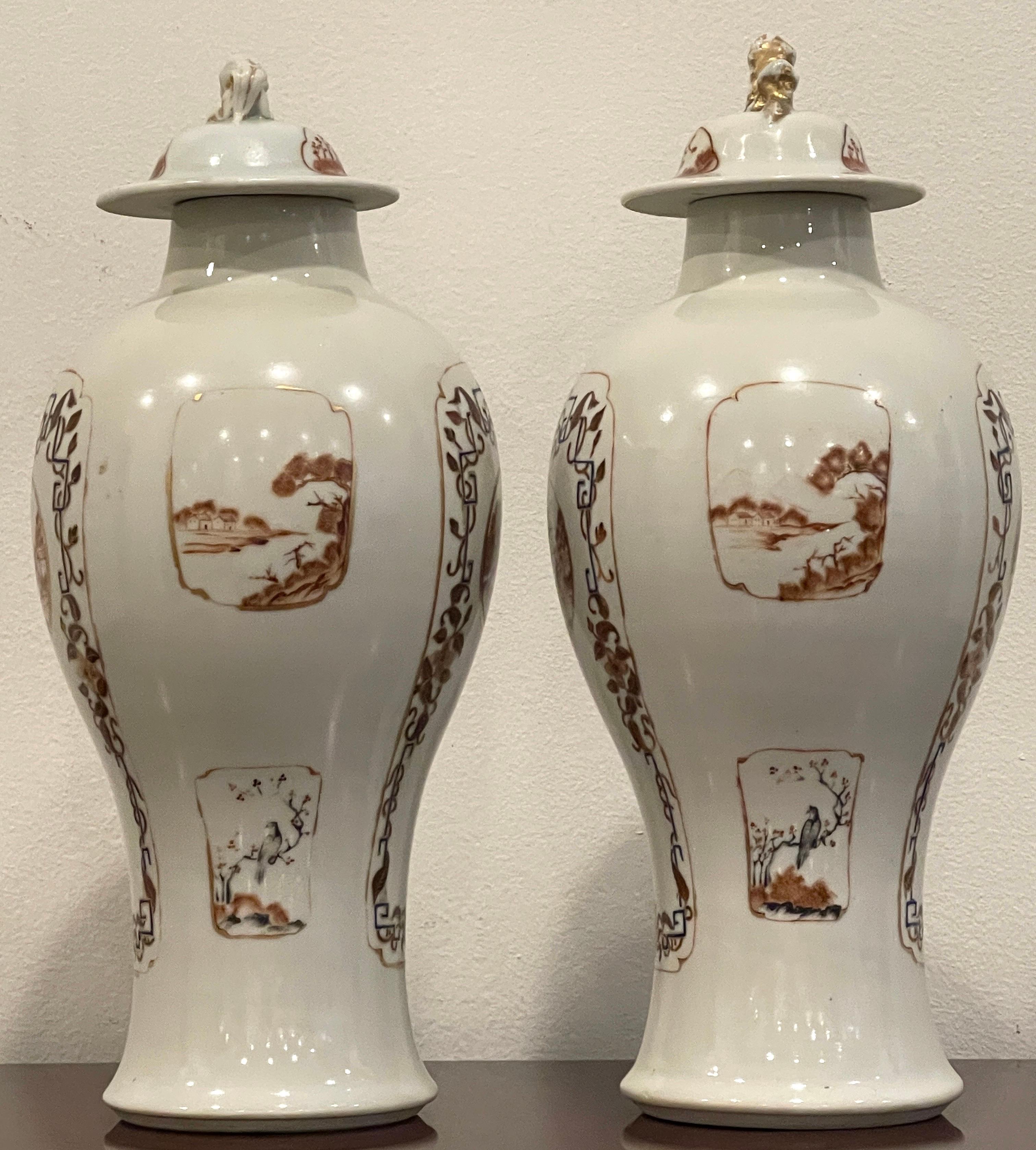 Gilt Pair of Chinese Export Porcelain  American* Market Landscape Vases & Covers  For Sale
