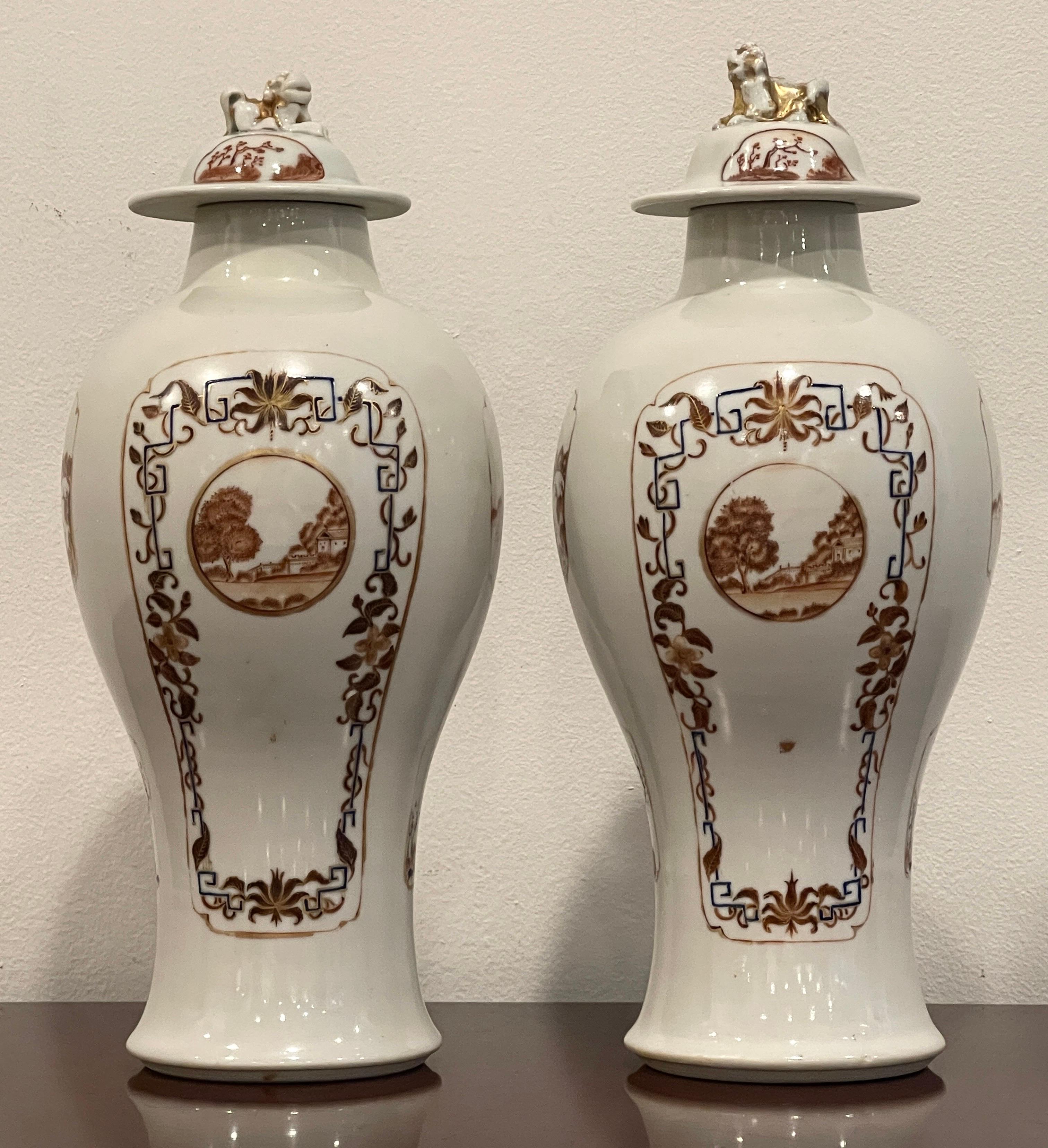 Pair of Chinese Export Porcelain  American* Market Landscape Vases & Covers  In Good Condition For Sale In West Palm Beach, FL
