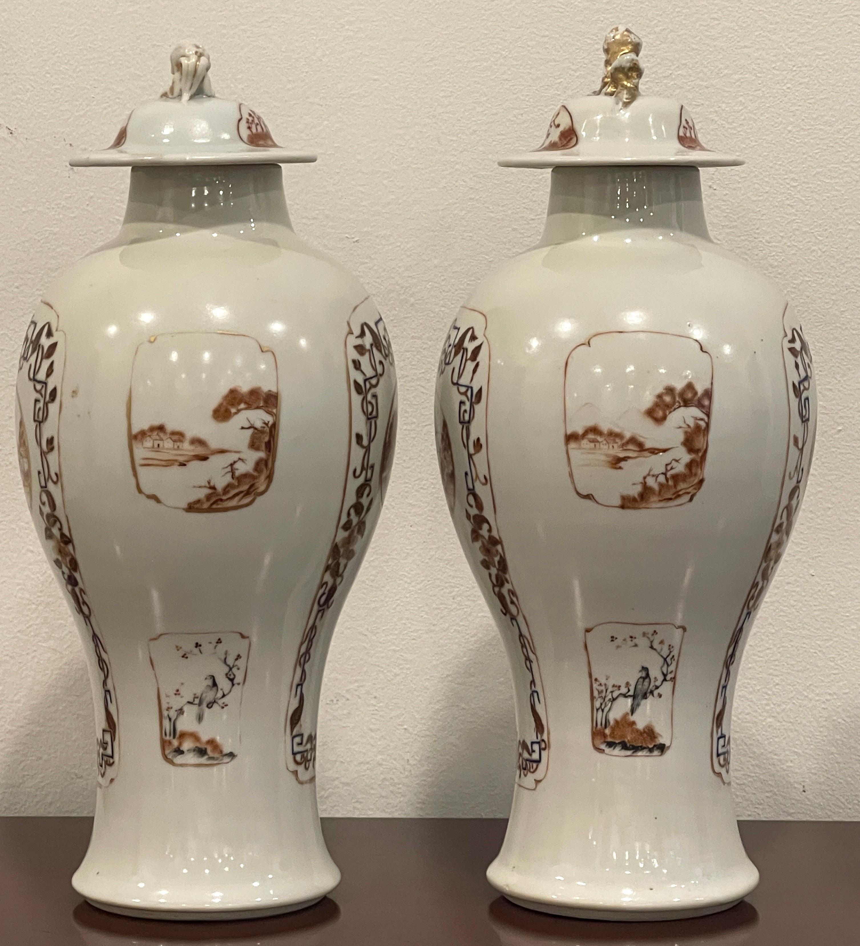 19th Century Pair of Chinese Export Porcelain  American* Market Landscape Vases & Covers  For Sale