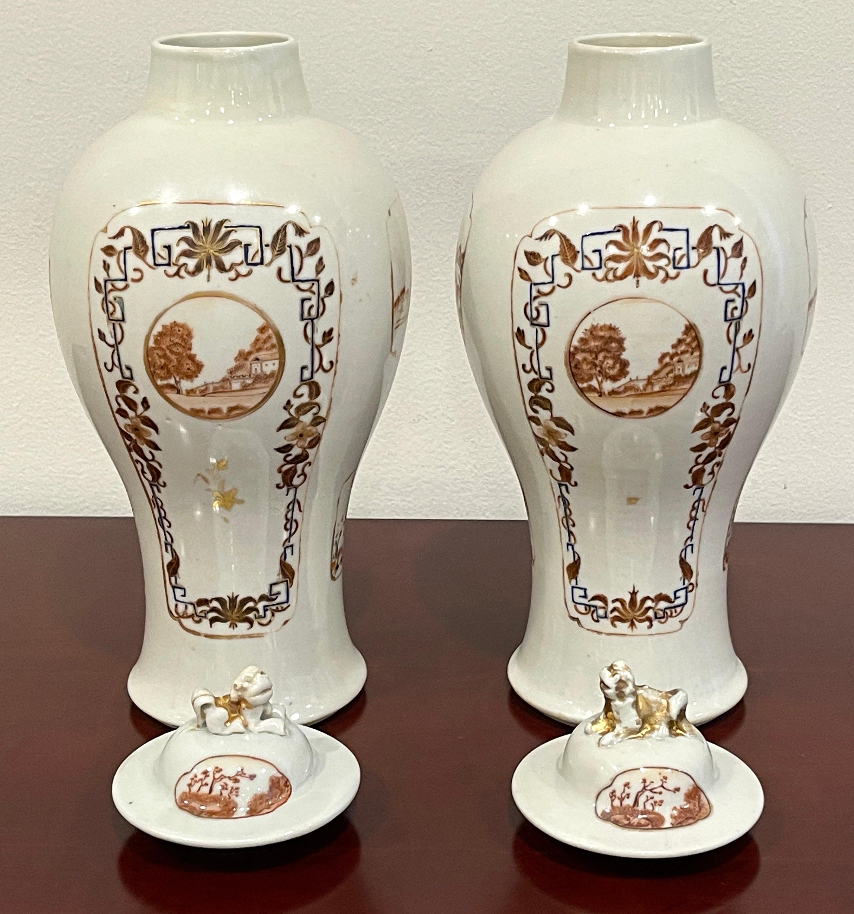 Pareja de porcelana china de exportación  Jarrones y Tapas de Paisaje American* Market en Bueno estado para la venta en West Palm Beach, FL