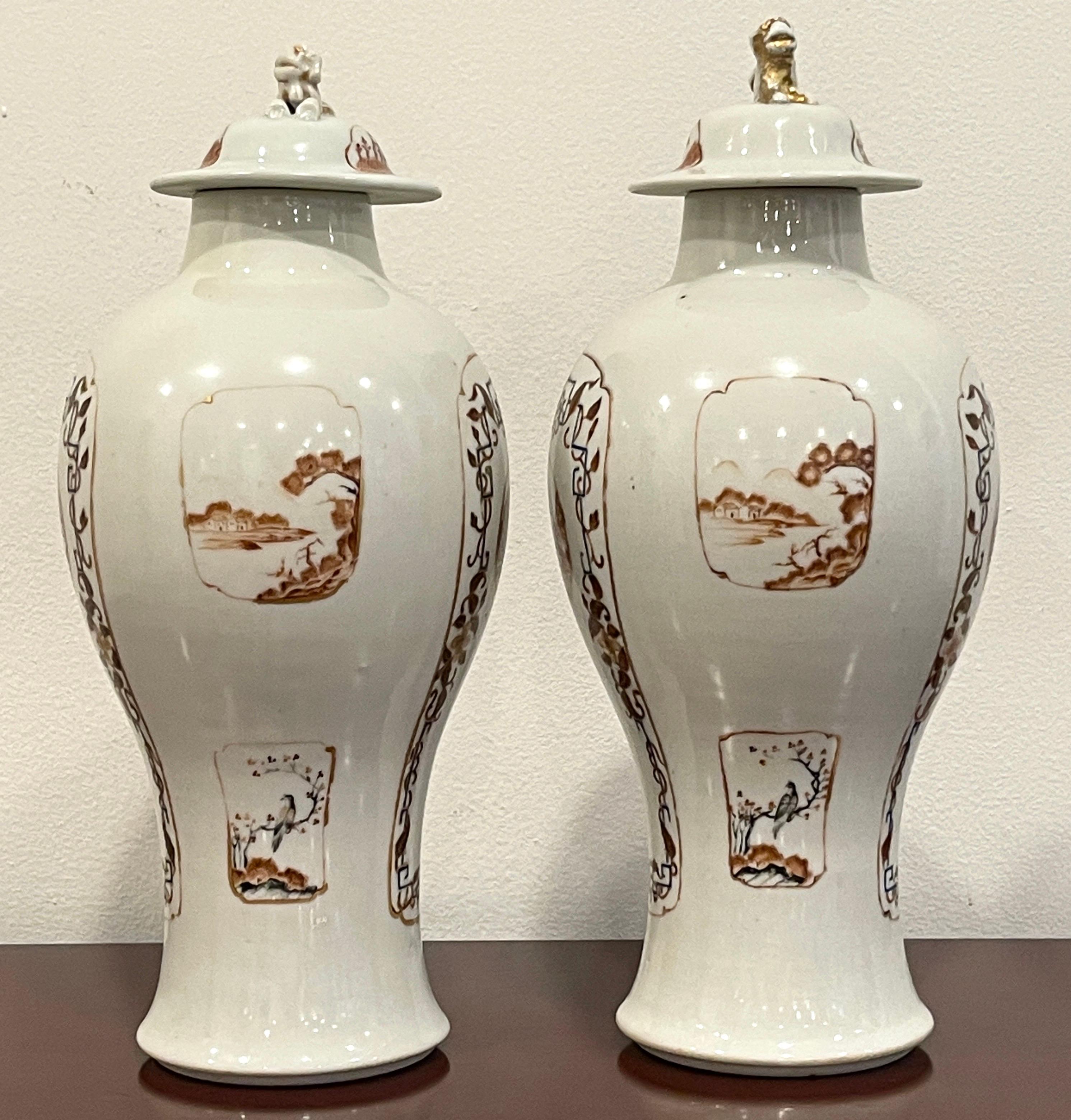 Pareja de porcelana china de exportación  Jarrones y Tapas de Paisaje American* Market siglo XIX en venta