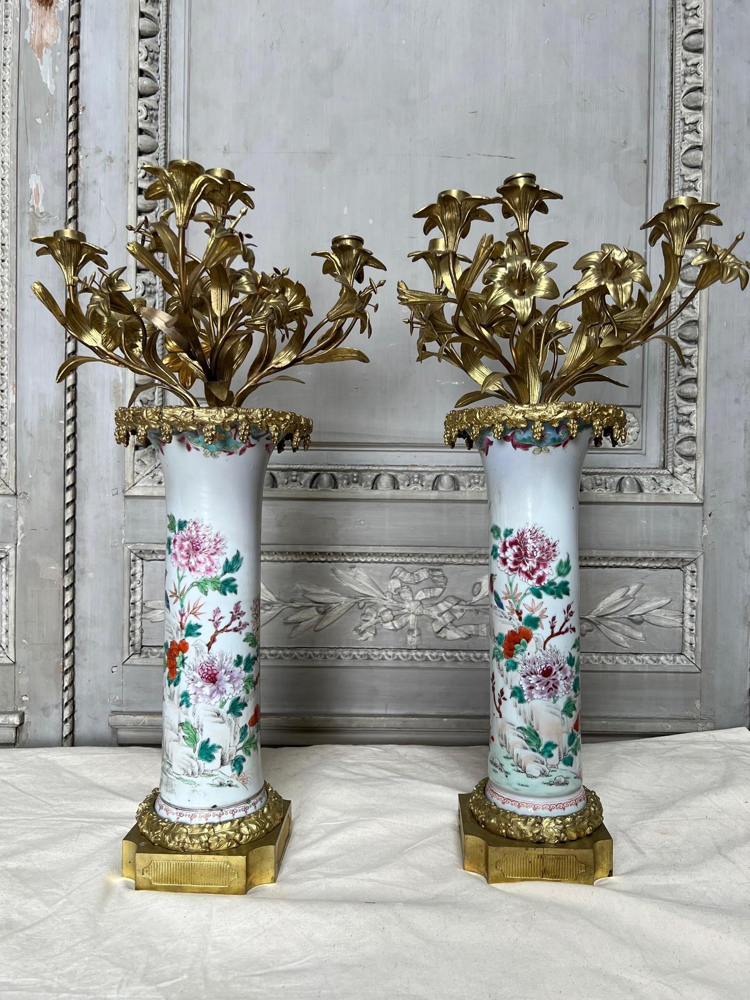 Cast Pair of Chinese Export Porcelain and French Bronze Candelabra For Sale