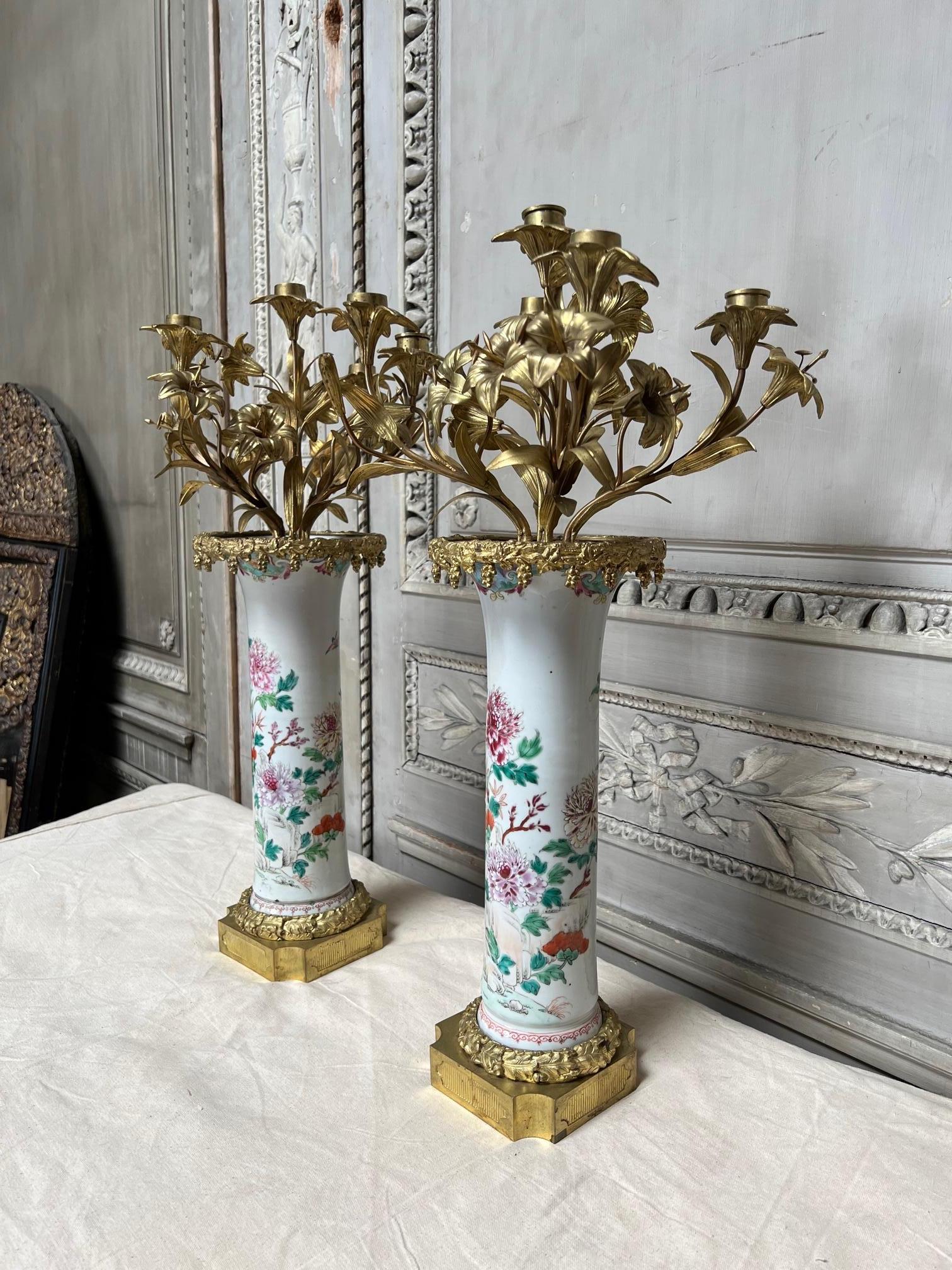 Pair of Chinese Export Porcelain and French Bronze Candelabra For Sale 1