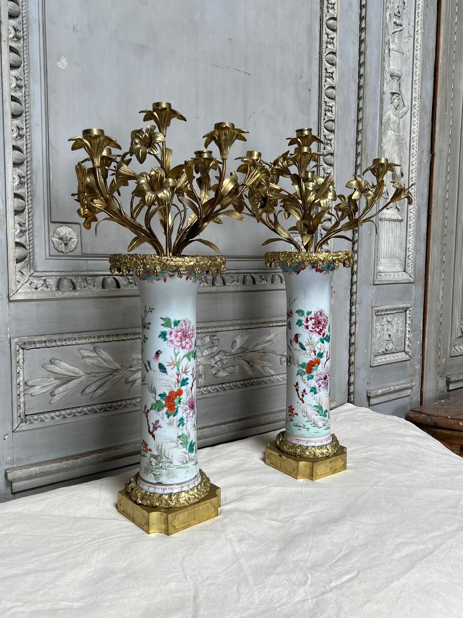 Pair of Chinese Export Porcelain and French Bronze Candelabra For Sale 2