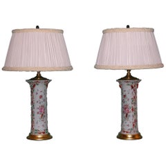 Pair of Chinese Export Porcelain Cylinder Urns Lamps Wired as Lamps