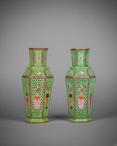 Pair of Chinese Export Porcelain Double-Walled Hexagonal Green Vases, circa 1860