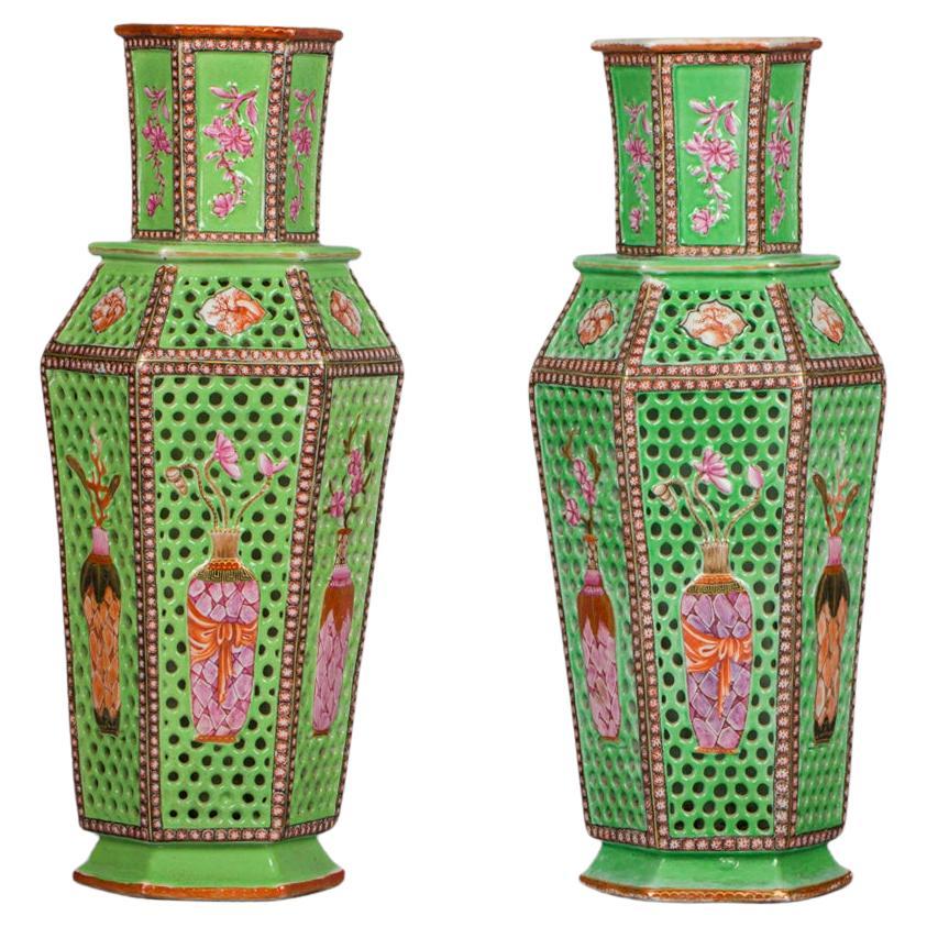 Pair of Chinese Export Porcelain Double-Walled Hexagonal Green Vases, circa 1860 For Sale