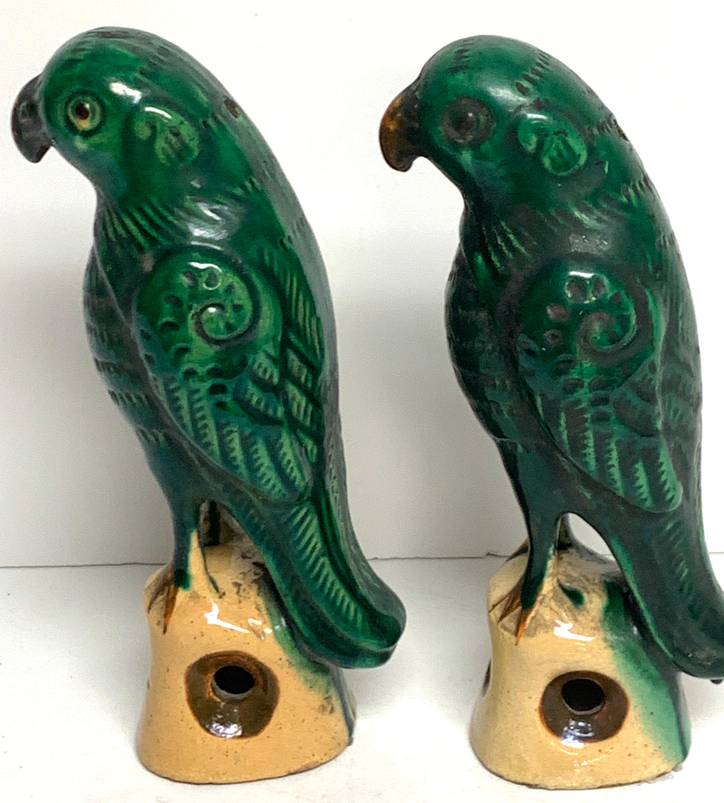 Pair of Chinese Export Porcelain Green Glazed Parrots In Good Condition In West Palm Beach, FL