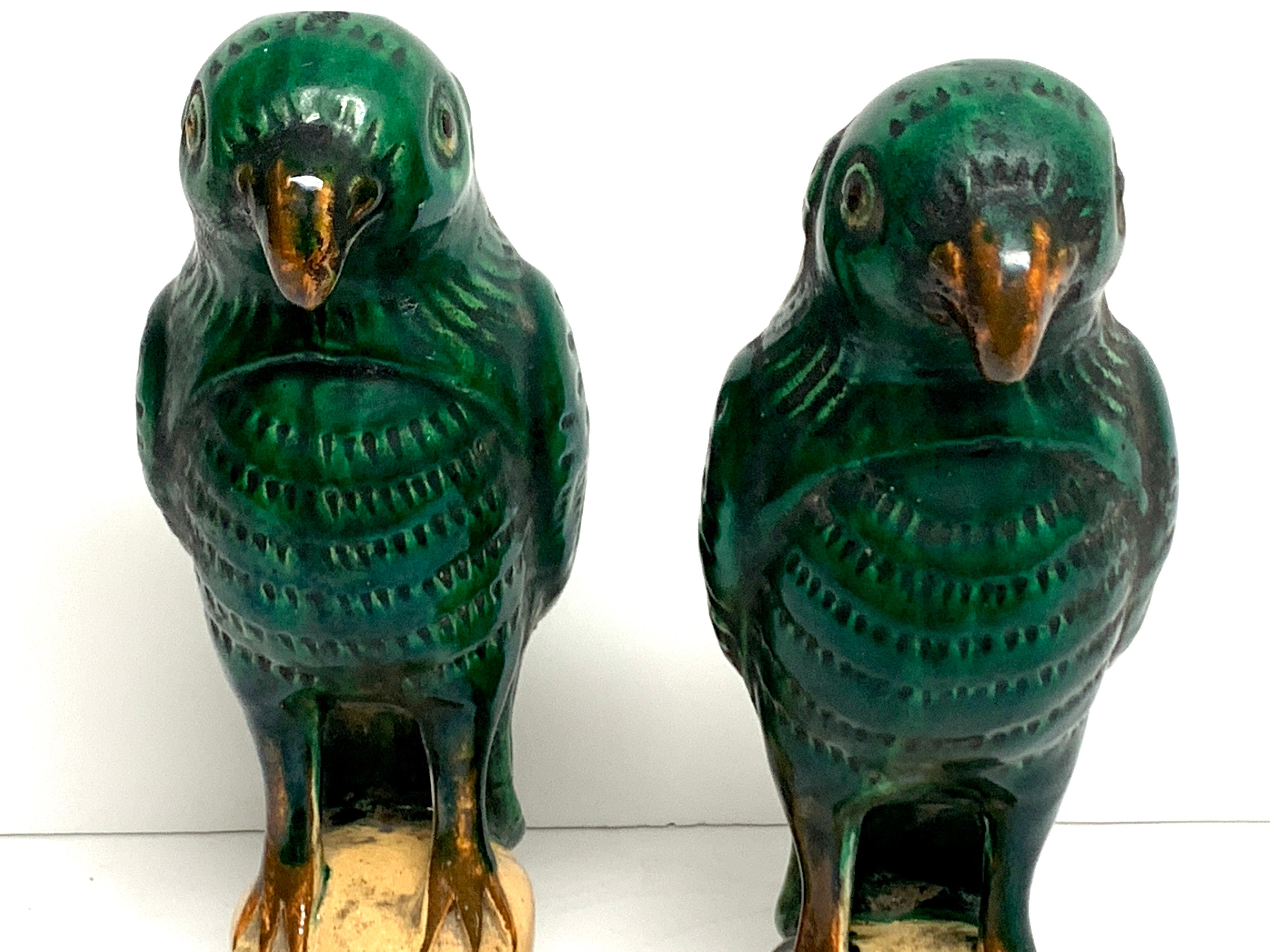 19th Century Pair of Chinese Export Porcelain Green Glazed Parrots