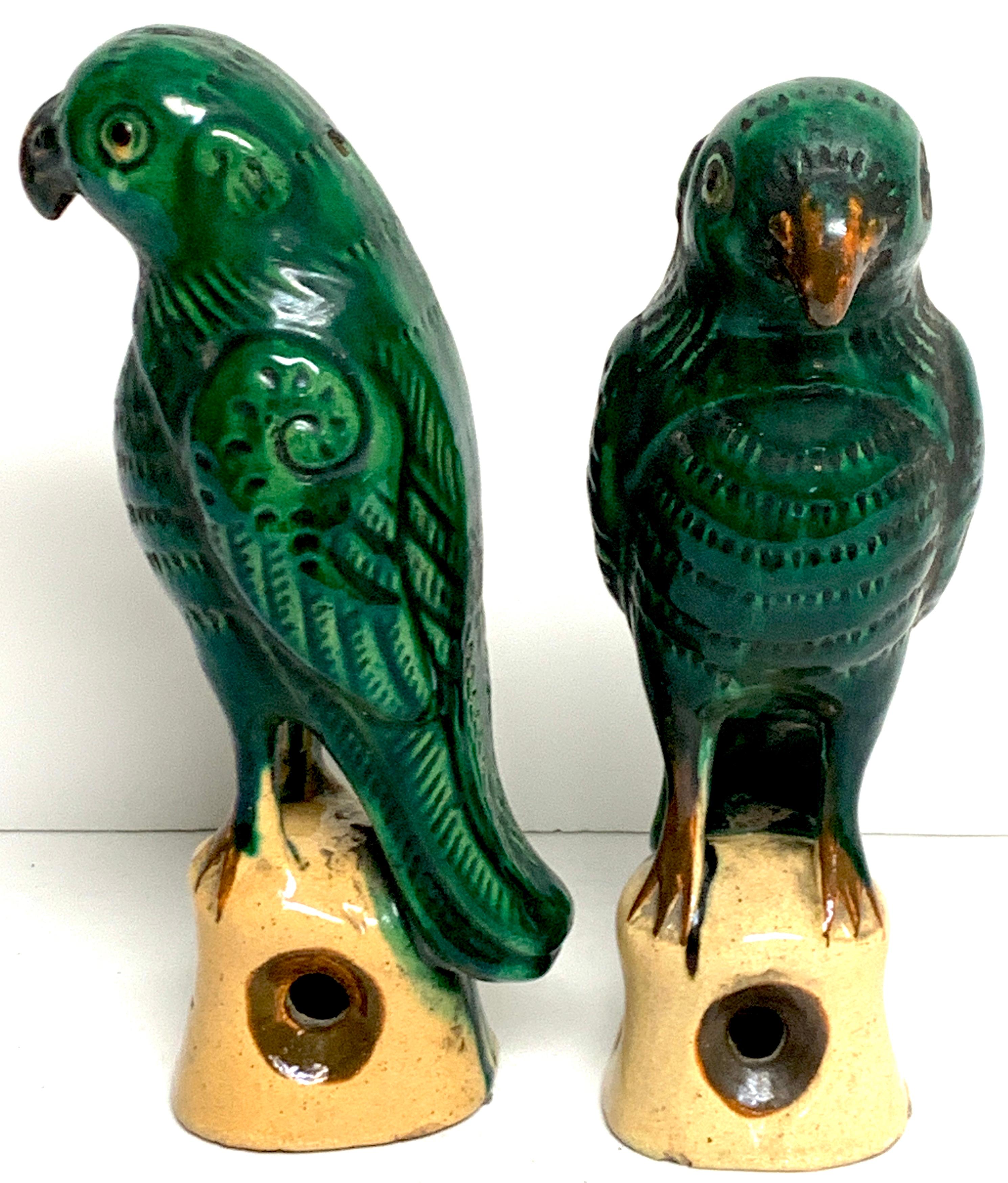 Pair of Chinese Export Porcelain Green Glazed Parrots 1