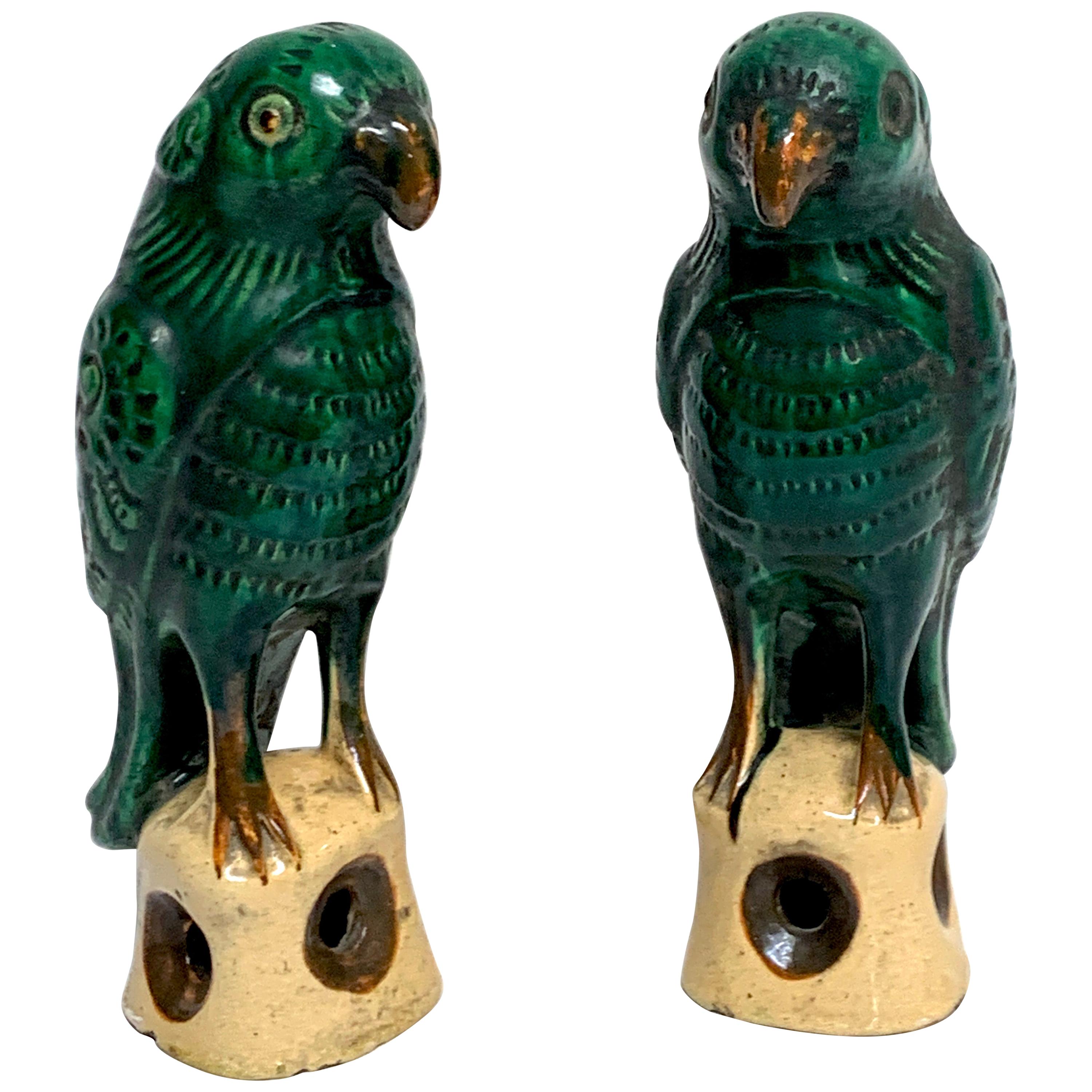 Pair of Chinese Export Porcelain Green Glazed Parrots