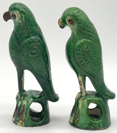 Pair of Chinese Export Porcelain Green Sancai  Glazed Parrots
