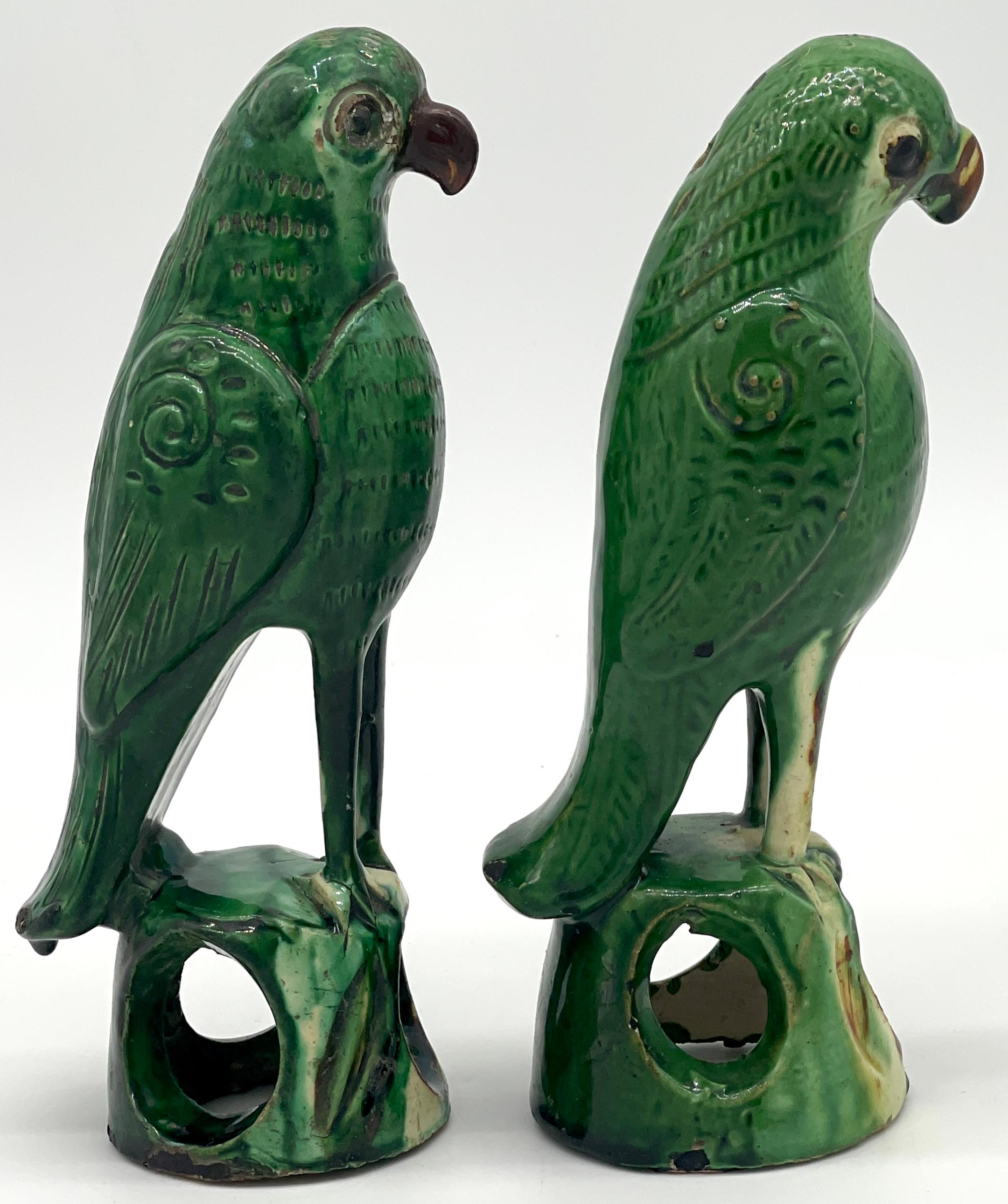 19th Century Pair of Chinese Export Porcelain Green Sancai  Glazed Parrots For Sale