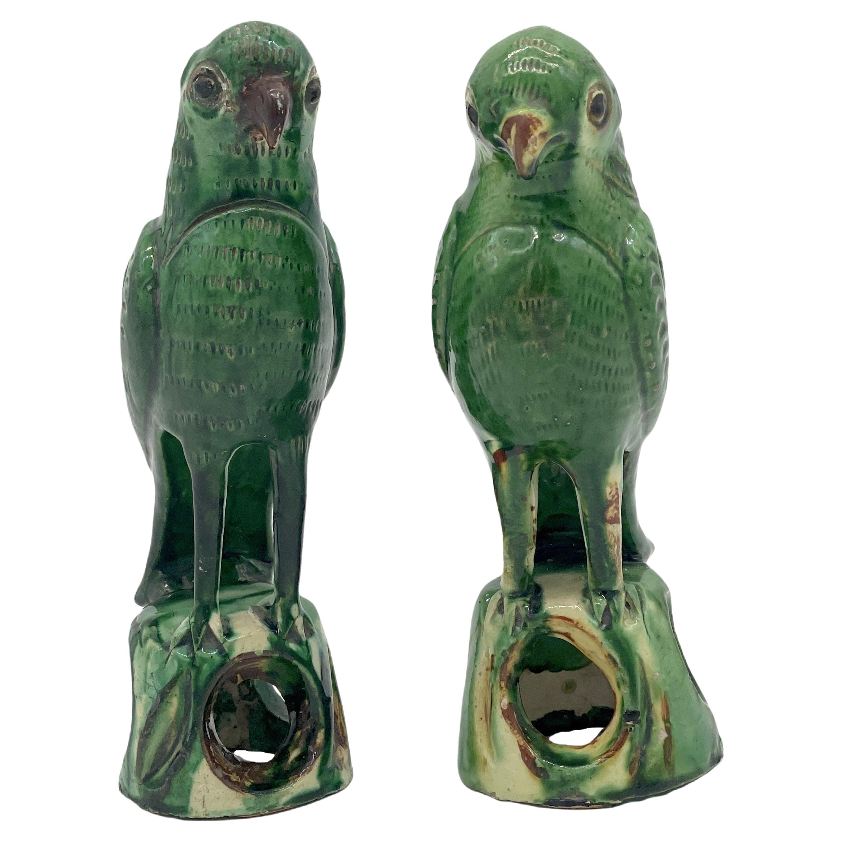 Pair of Chinese Export Porcelain Green Sancai  Glazed Parrots For Sale