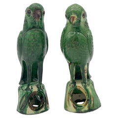 Pair of Chinese Export Porcelain Green Sancai  Glazed Parrots