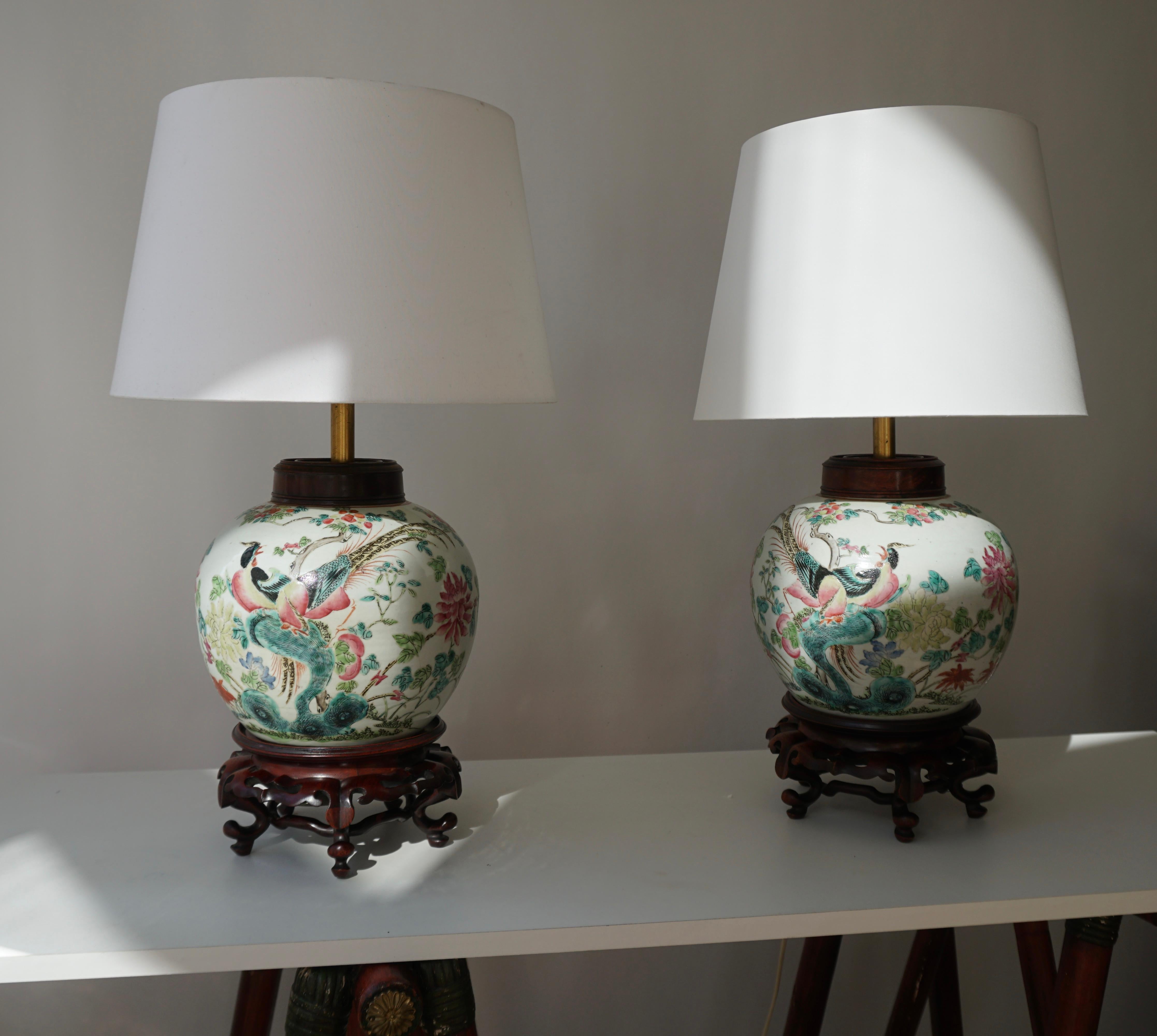 Pair of Chinese Export Porcelain Painted Ginger Jar Table Lamps with Birds 3