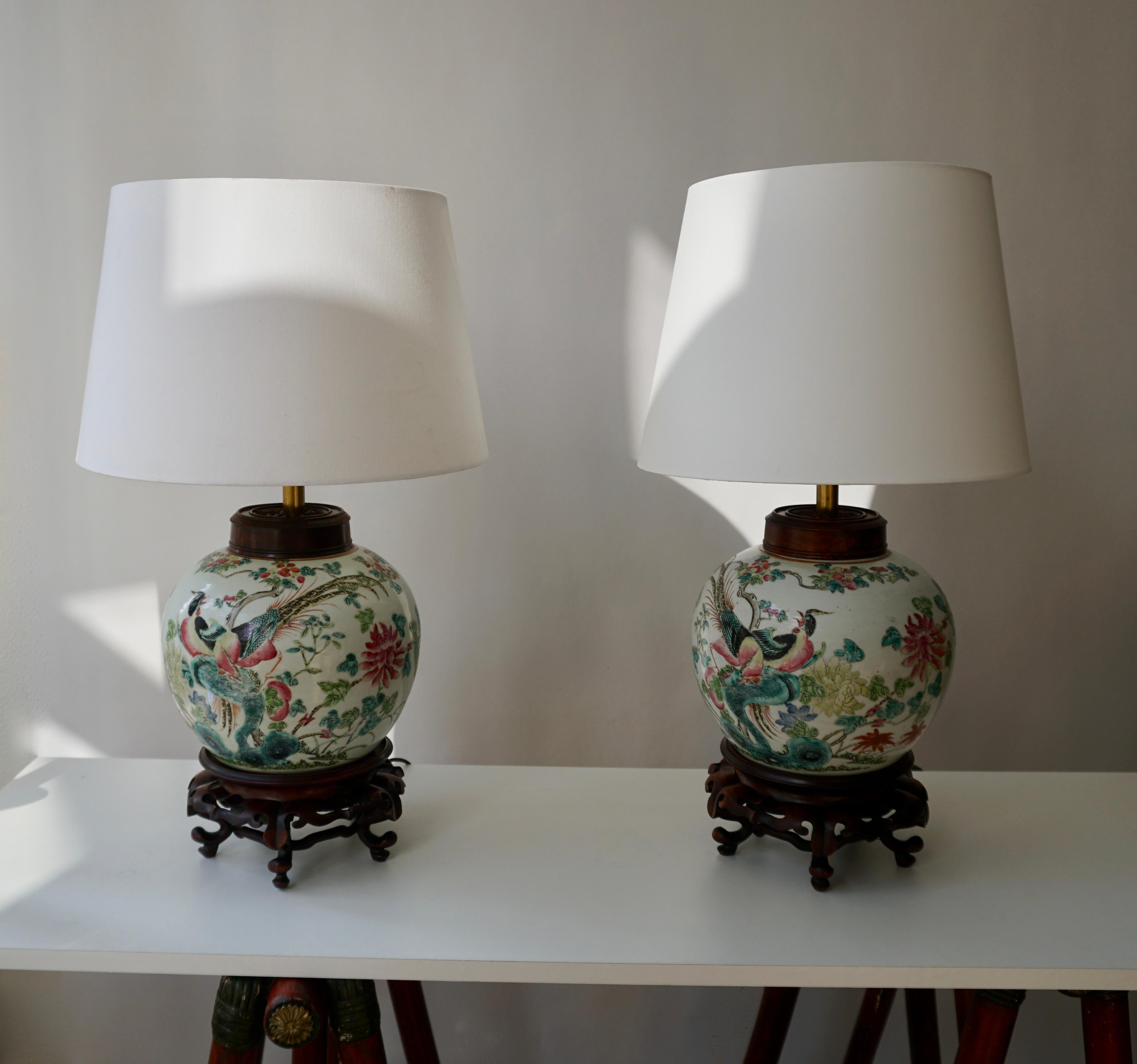 Pair of Chinese Export Porcelain Painted Ginger Jar Table Lamps with Birds 4