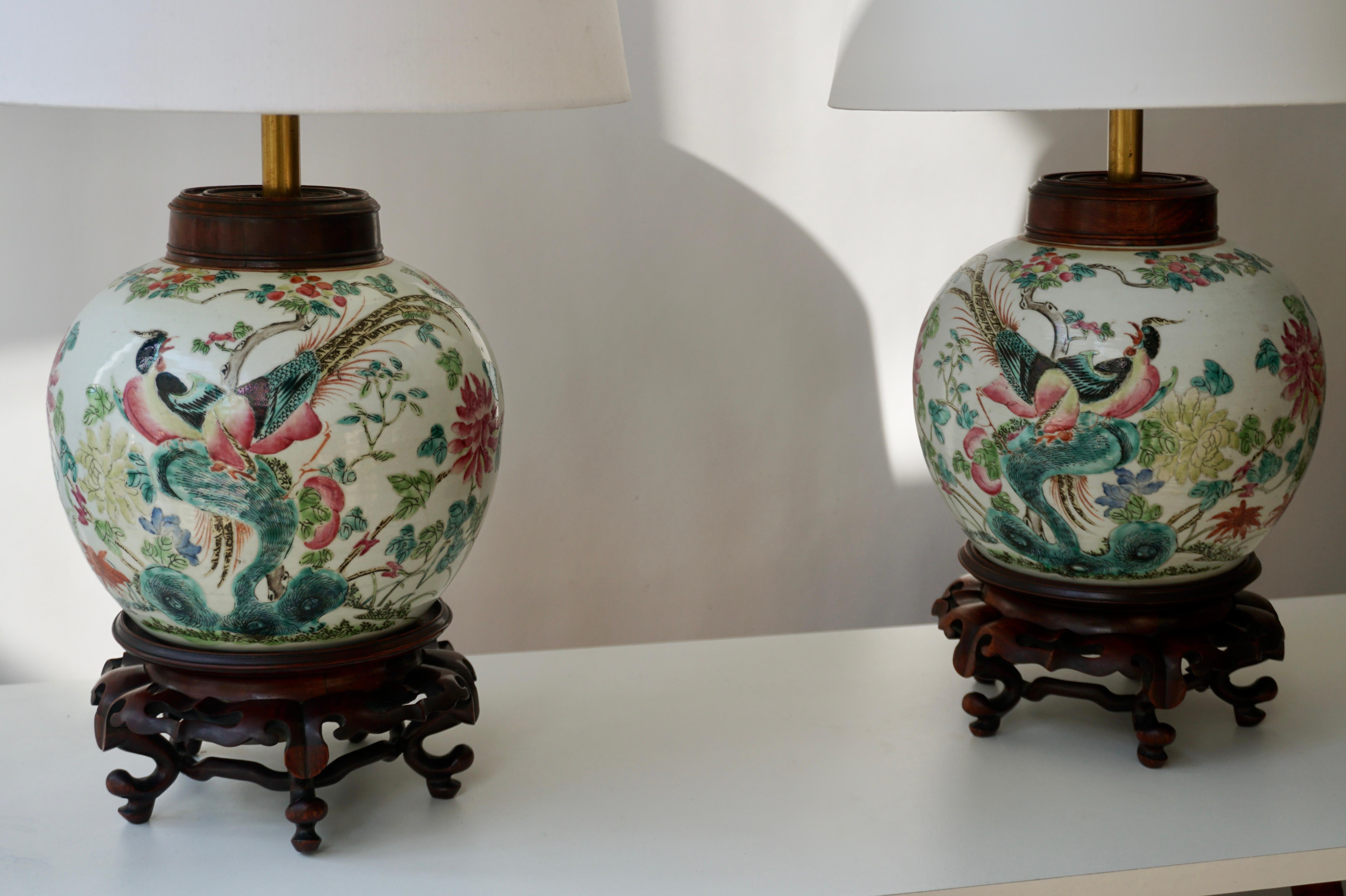 Pair of Chinese Export Porcelain Painted Ginger Jar Table Lamps with Birds 5