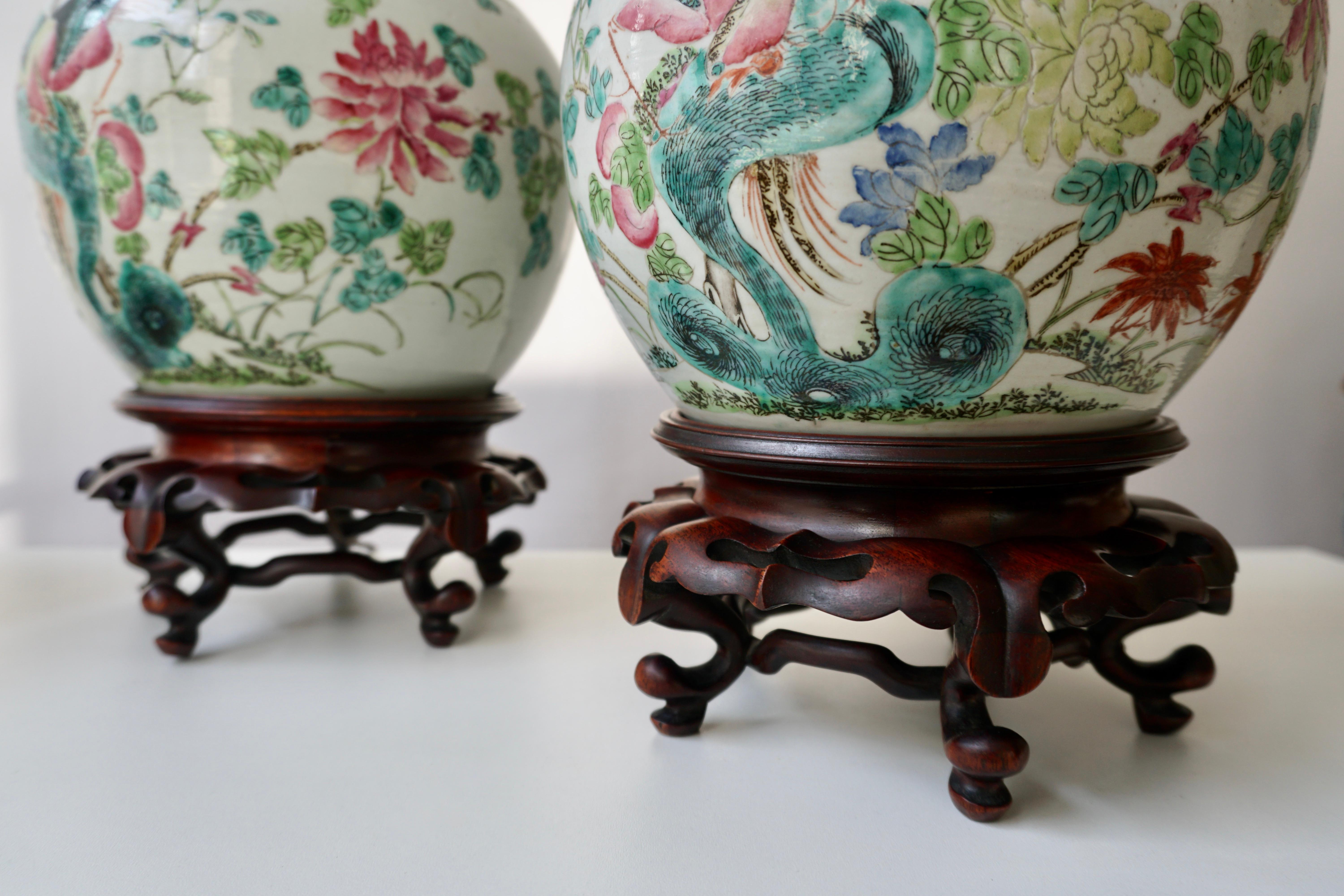 Pair of Chinese Export Porcelain Painted Ginger Jar Table Lamps with Birds 8