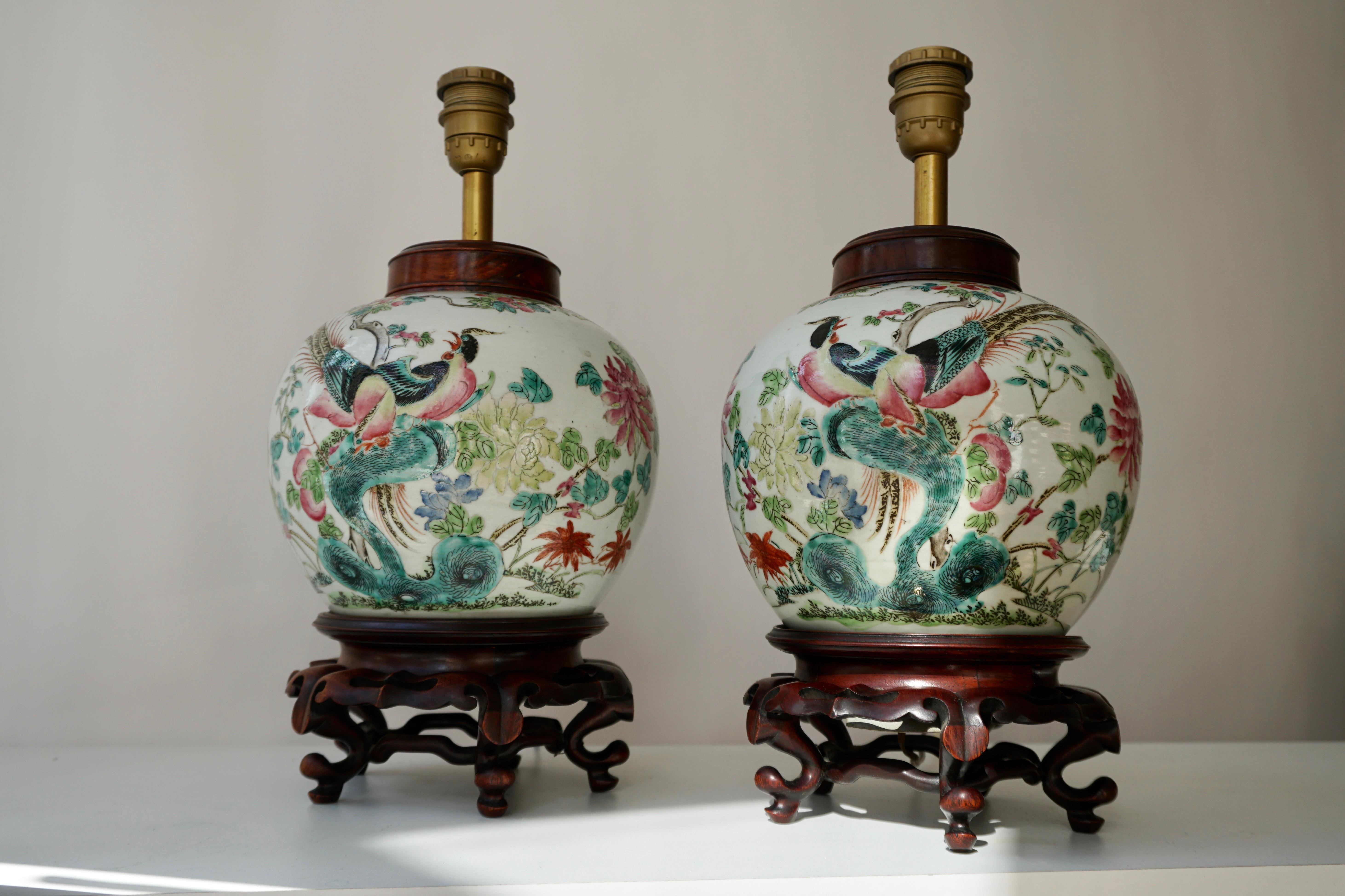 Hollywood Regency Pair of Chinese Export Porcelain Painted Ginger Jar Table Lamps with Birds