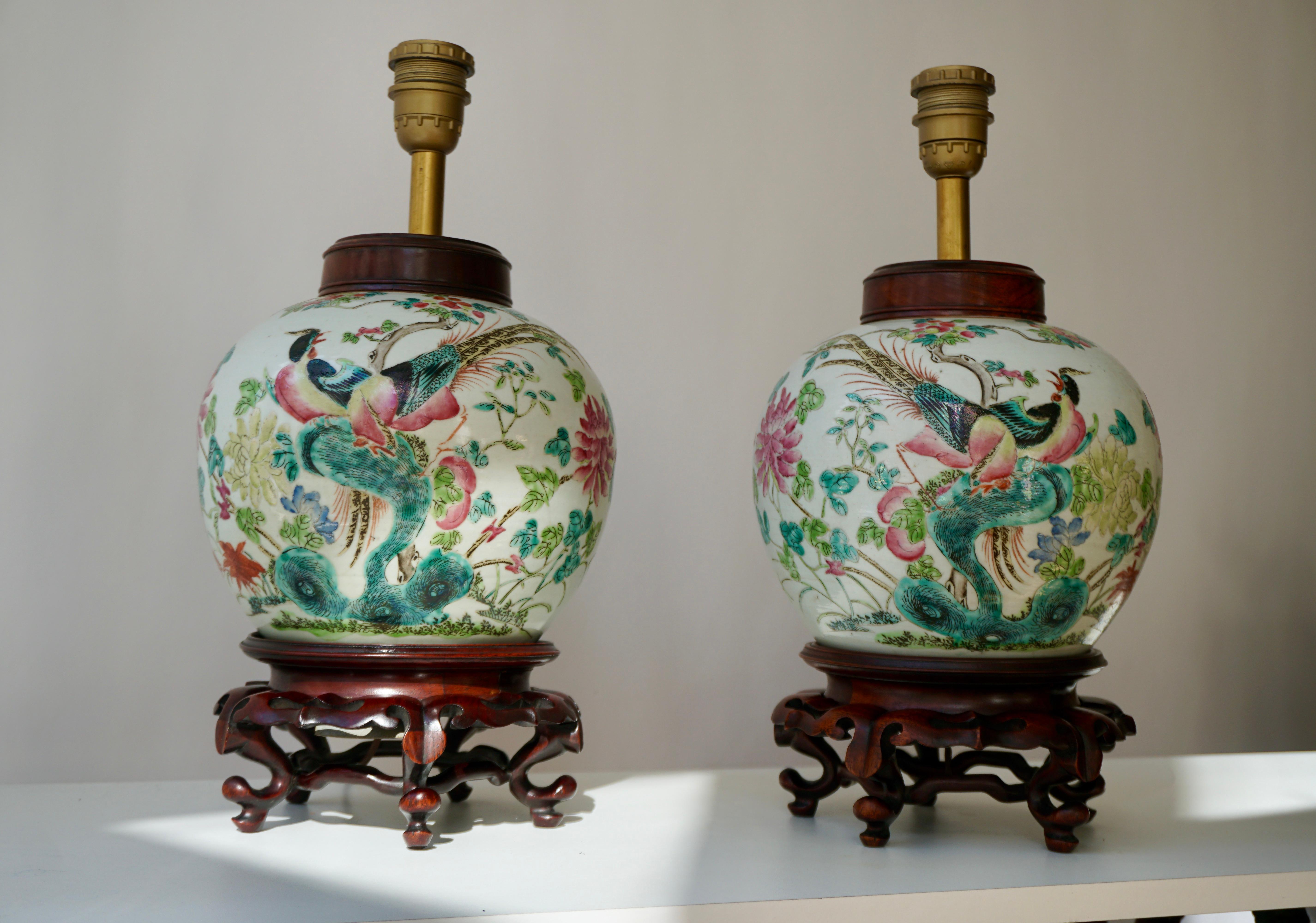 Hand-Painted Pair of Chinese Export Porcelain Painted Ginger Jar Table Lamps with Birds