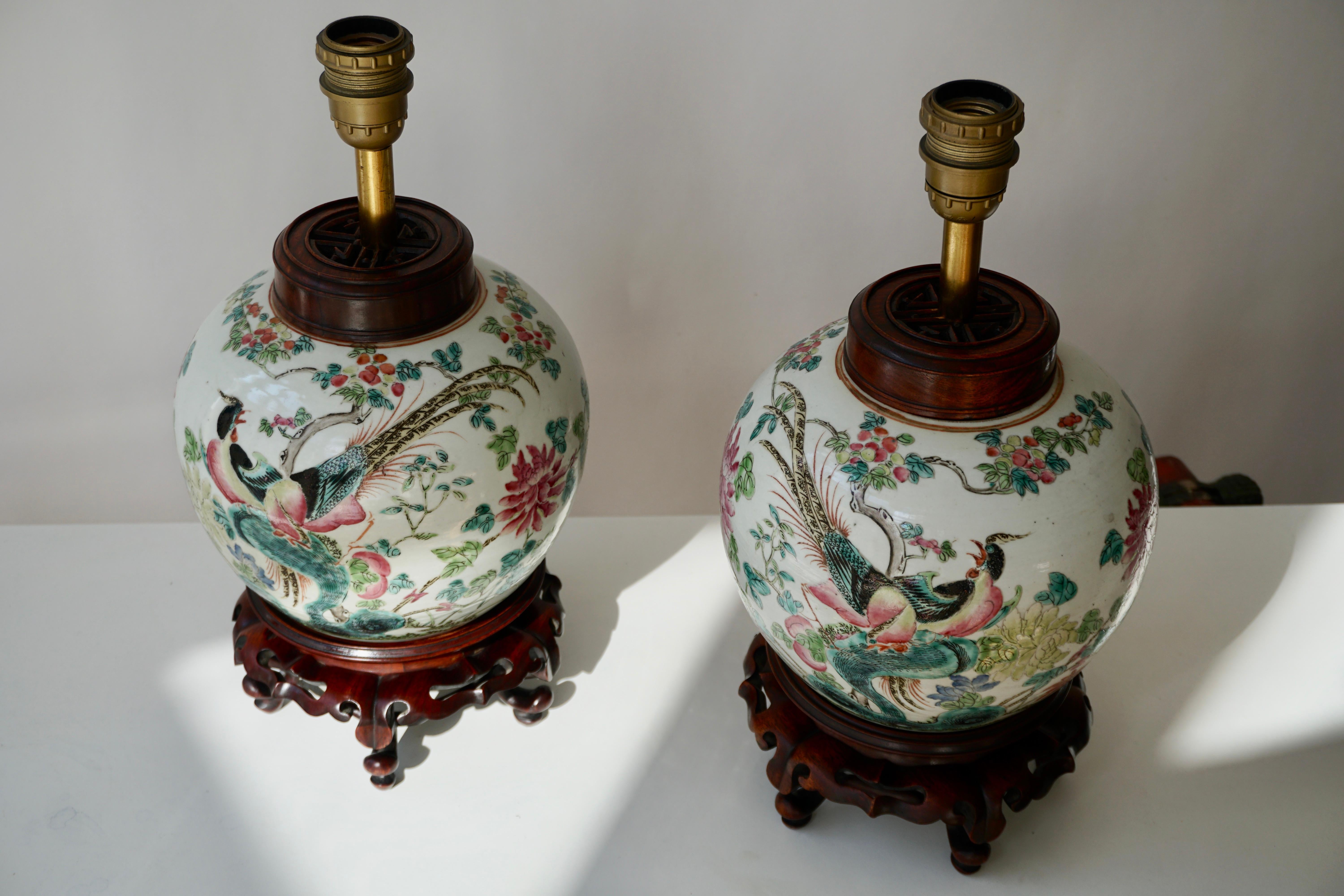 20th Century Pair of Chinese Export Porcelain Painted Ginger Jar Table Lamps with Birds
