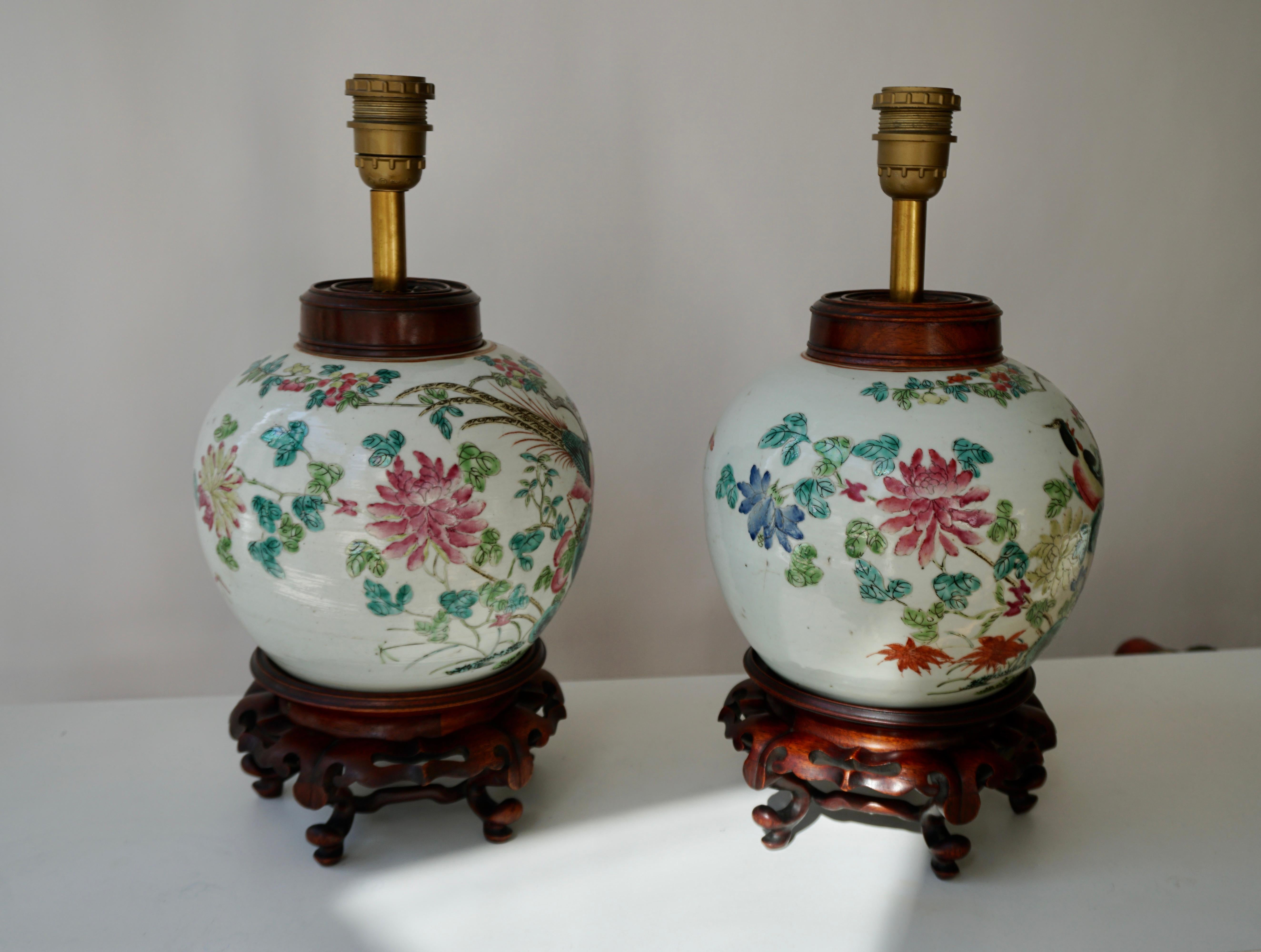 Pair of Chinese Export Porcelain Painted Ginger Jar Table Lamps with Birds 1