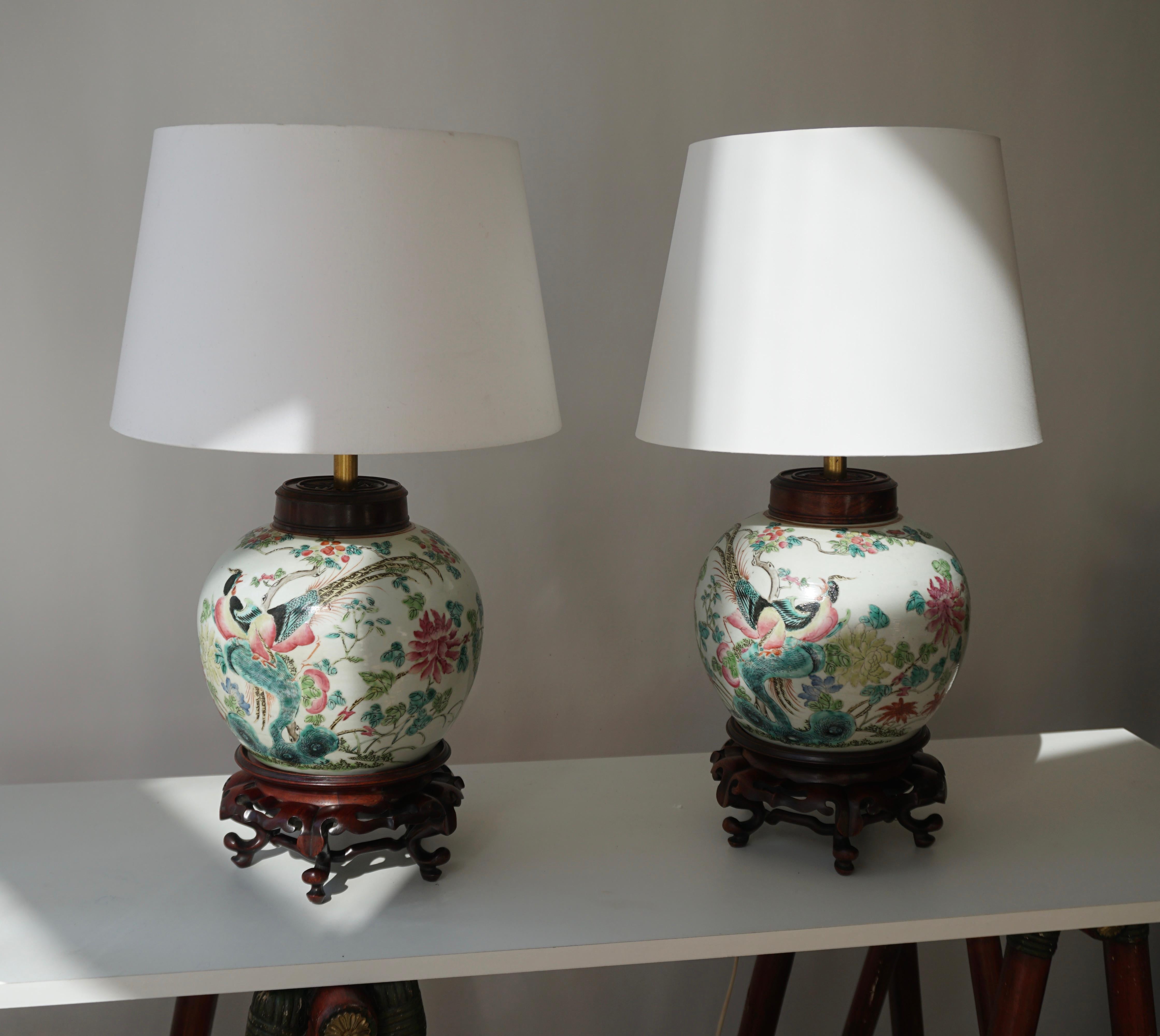 Pair of Chinese Export Porcelain Painted Ginger Jar Table Lamps with Birds 2