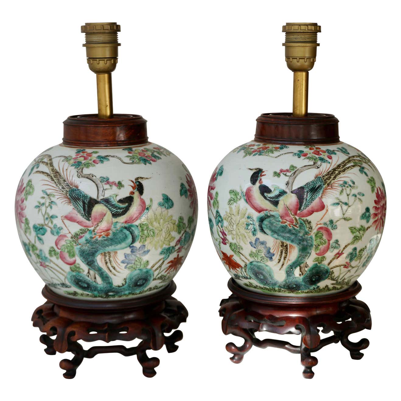 Pair of Chinese Export Porcelain Painted Ginger Jar Table Lamps with ...