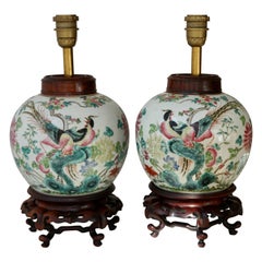 Pair of Chinese Export Porcelain Painted Ginger Jar Table Lamps with Birds