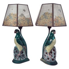Vintage Pair of Chinese Export Porcelain Parrots, Mounted as Lamps