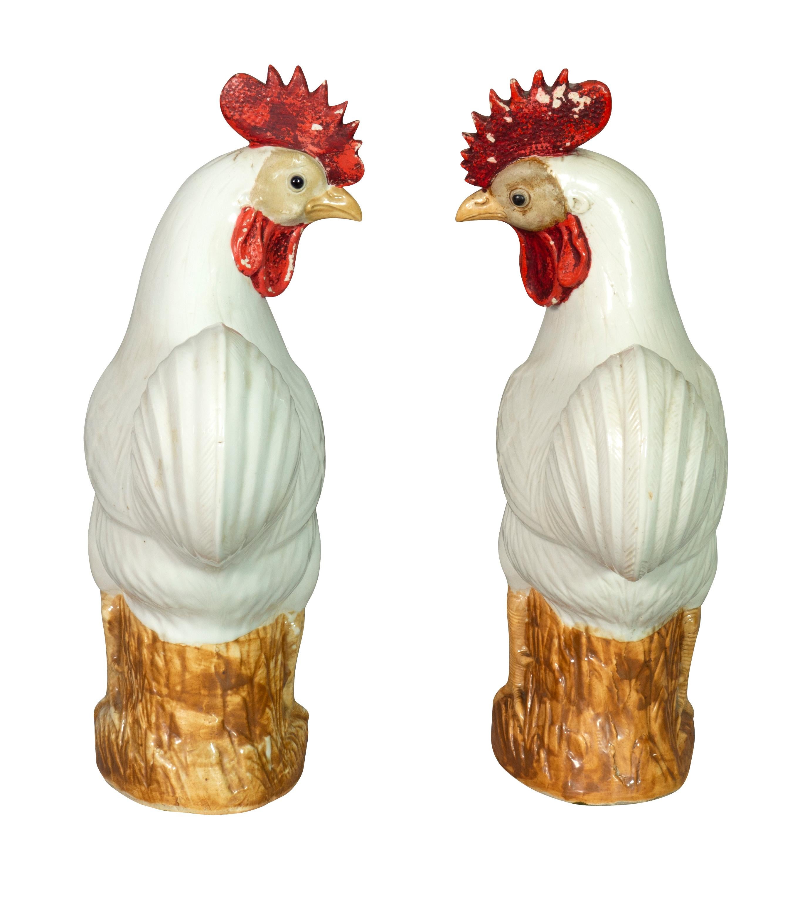 19th Century Pair of Chinese Export Porcelain Roosters