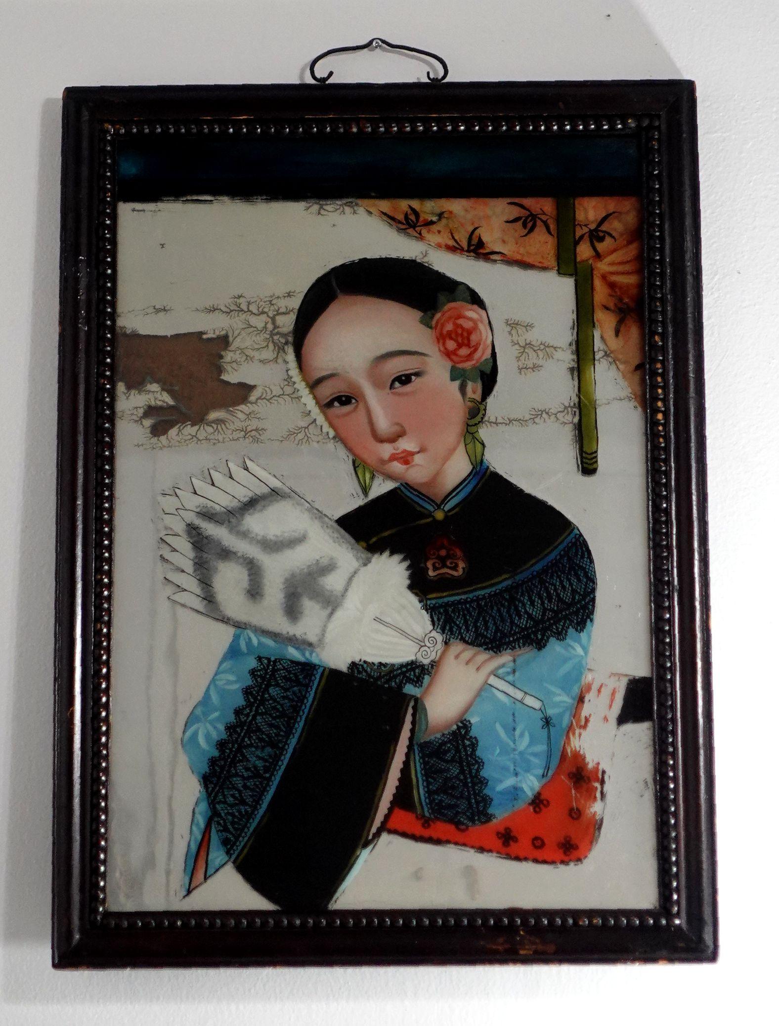 Pair of Chinese Export Reverse Paintings On Glass and Mirror, Double Panes For Sale 10