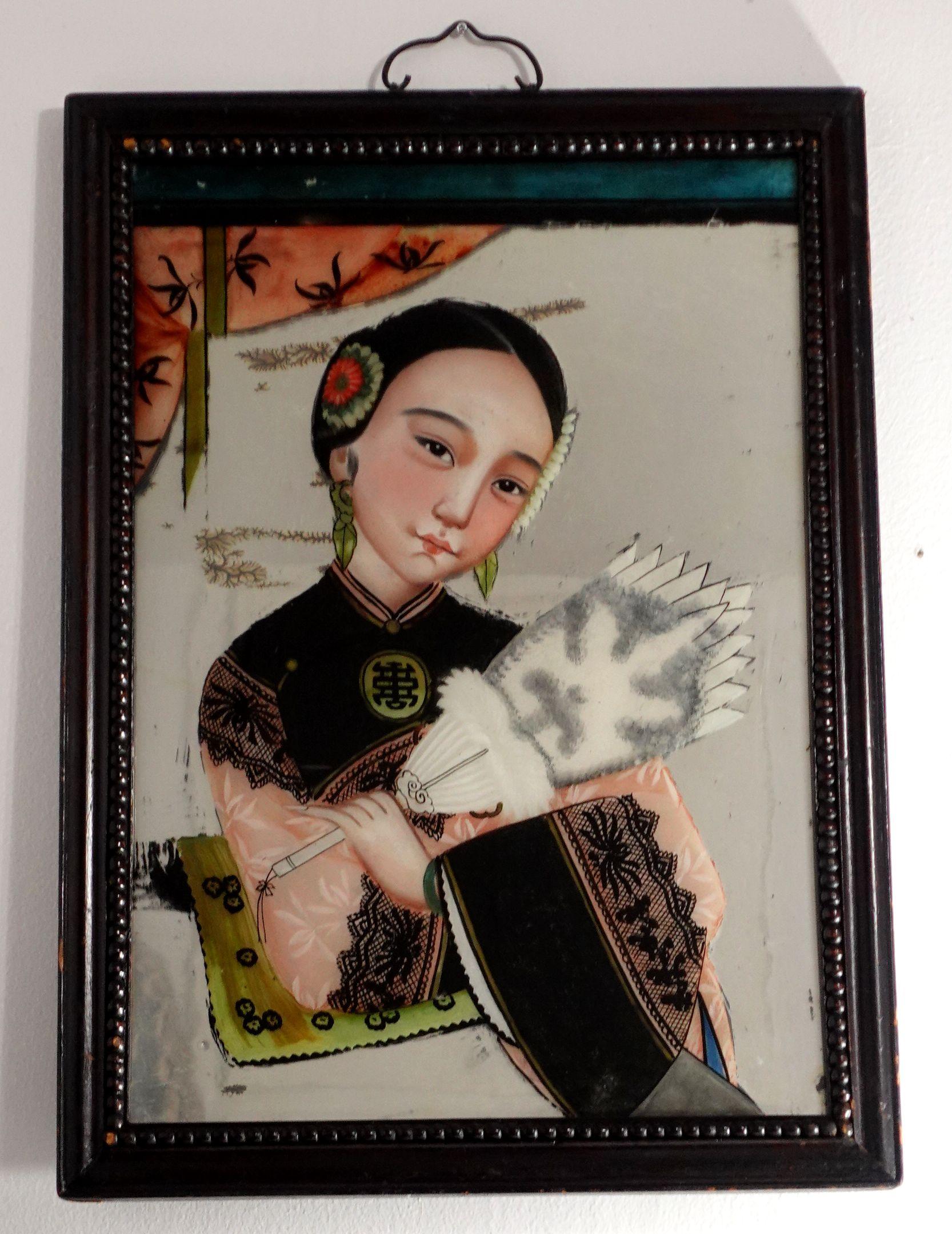 19th Century Pair of Chinese Export Reverse Paintings On Glass and Mirror, Double Panes For Sale