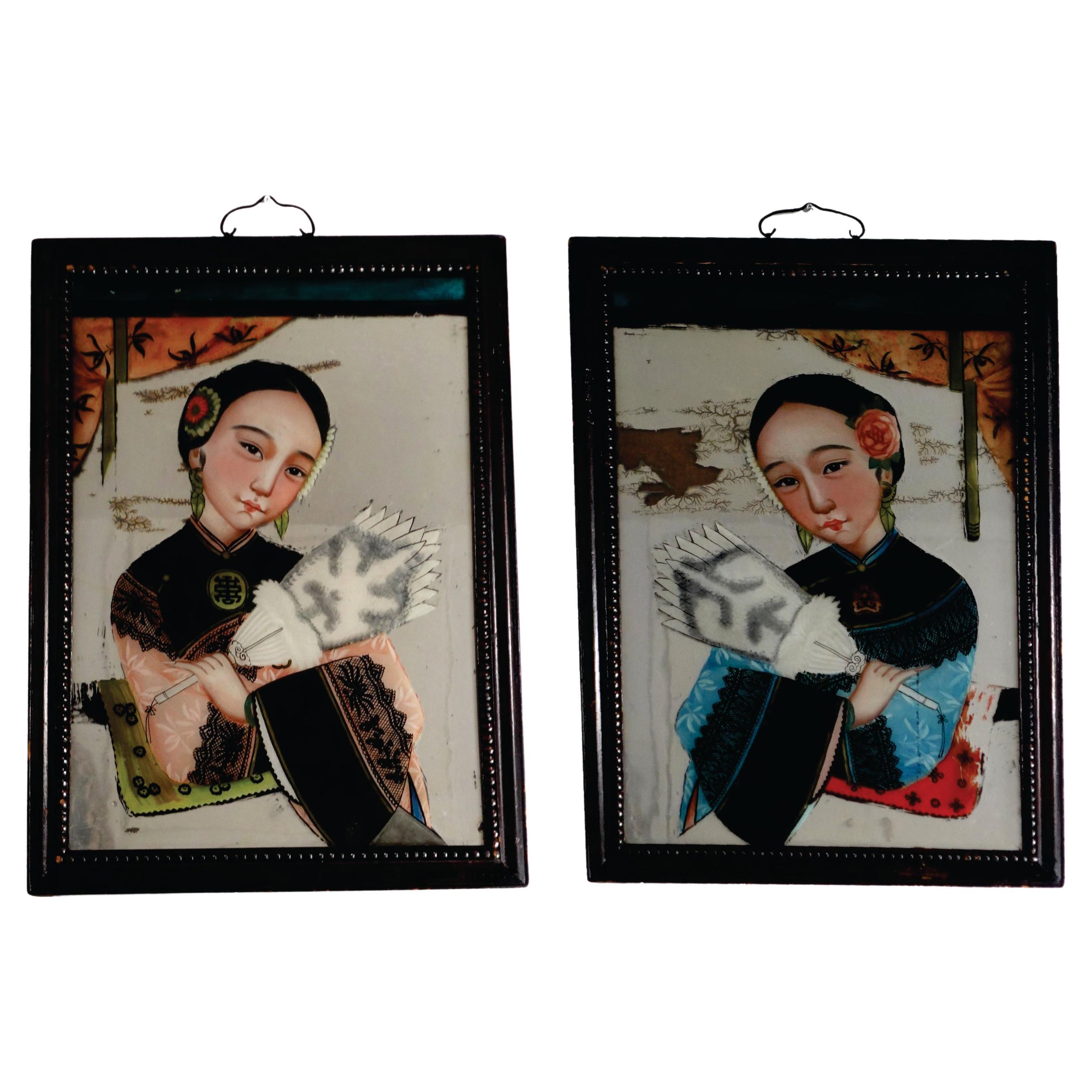 Pair of Chinese Export Reverse Paintings On Glass and Mirror, Double Panes For Sale