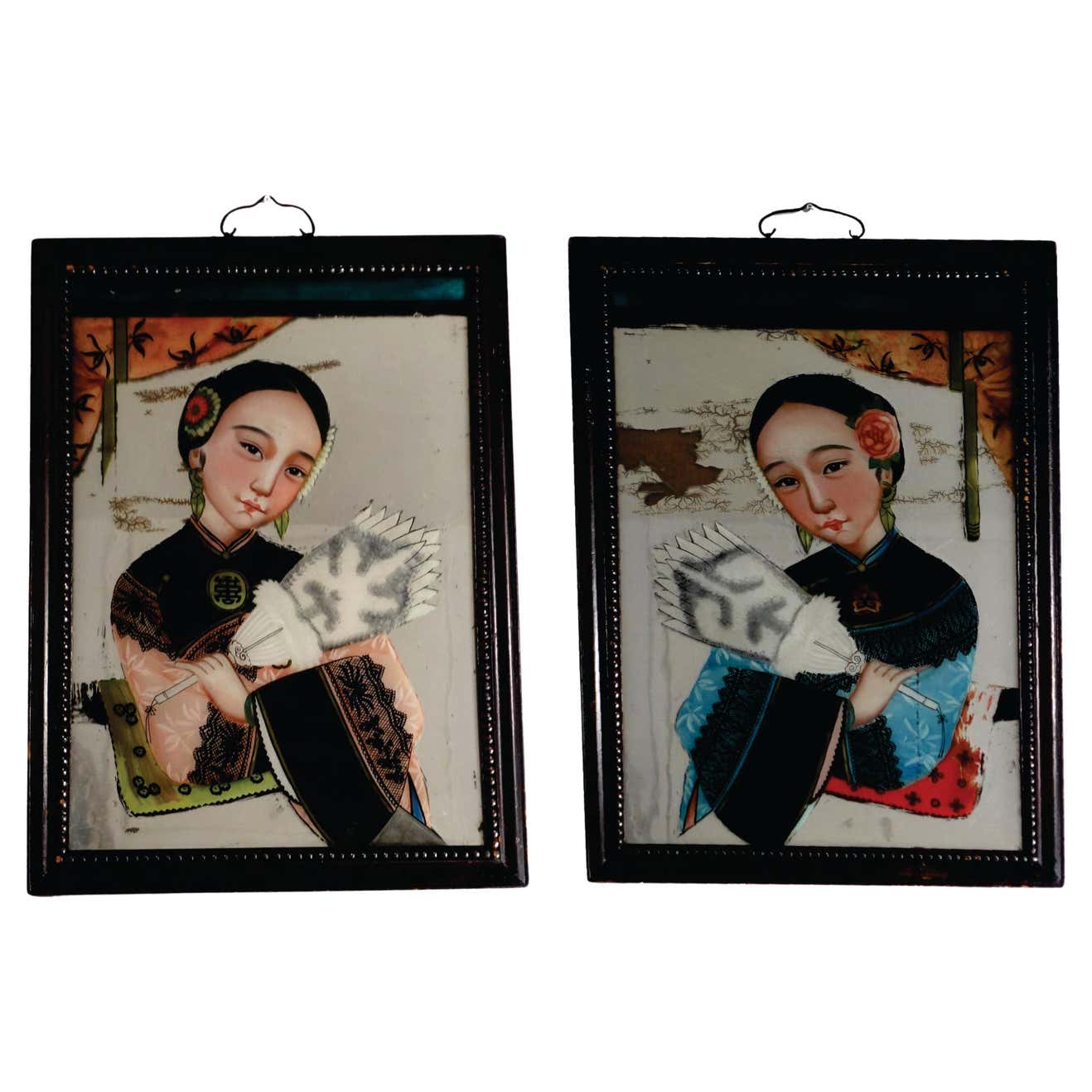 Pair of Chinese Export Reverse Paintings On Glass and Mirror, Double ...