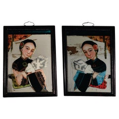 Pair of Chinese Export Reverse Paintings On Glass and Mirror, Double Panes