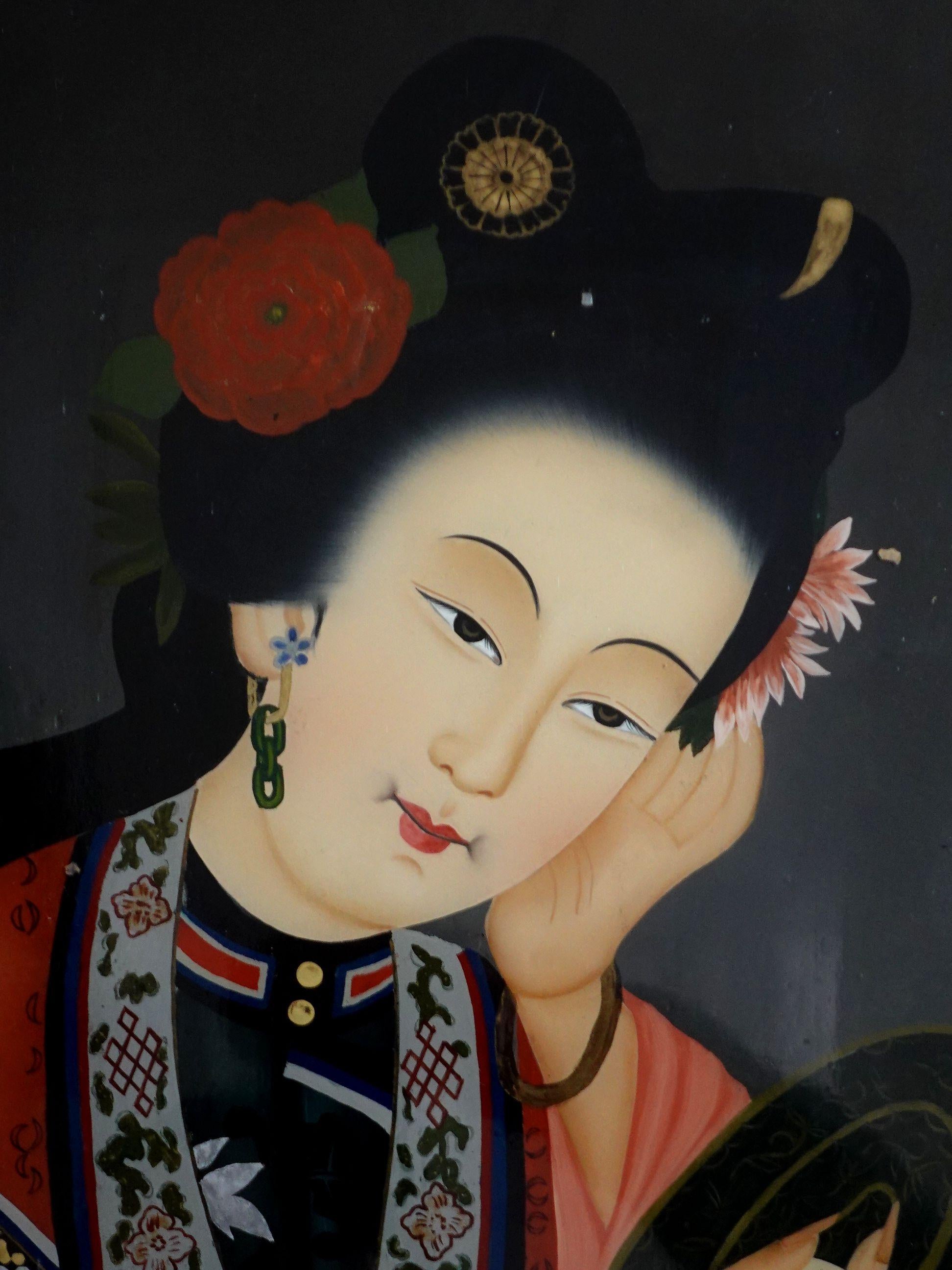 Hand-Painted Pair of Chinese Export Reverse Paintings On Glass, The Beauties