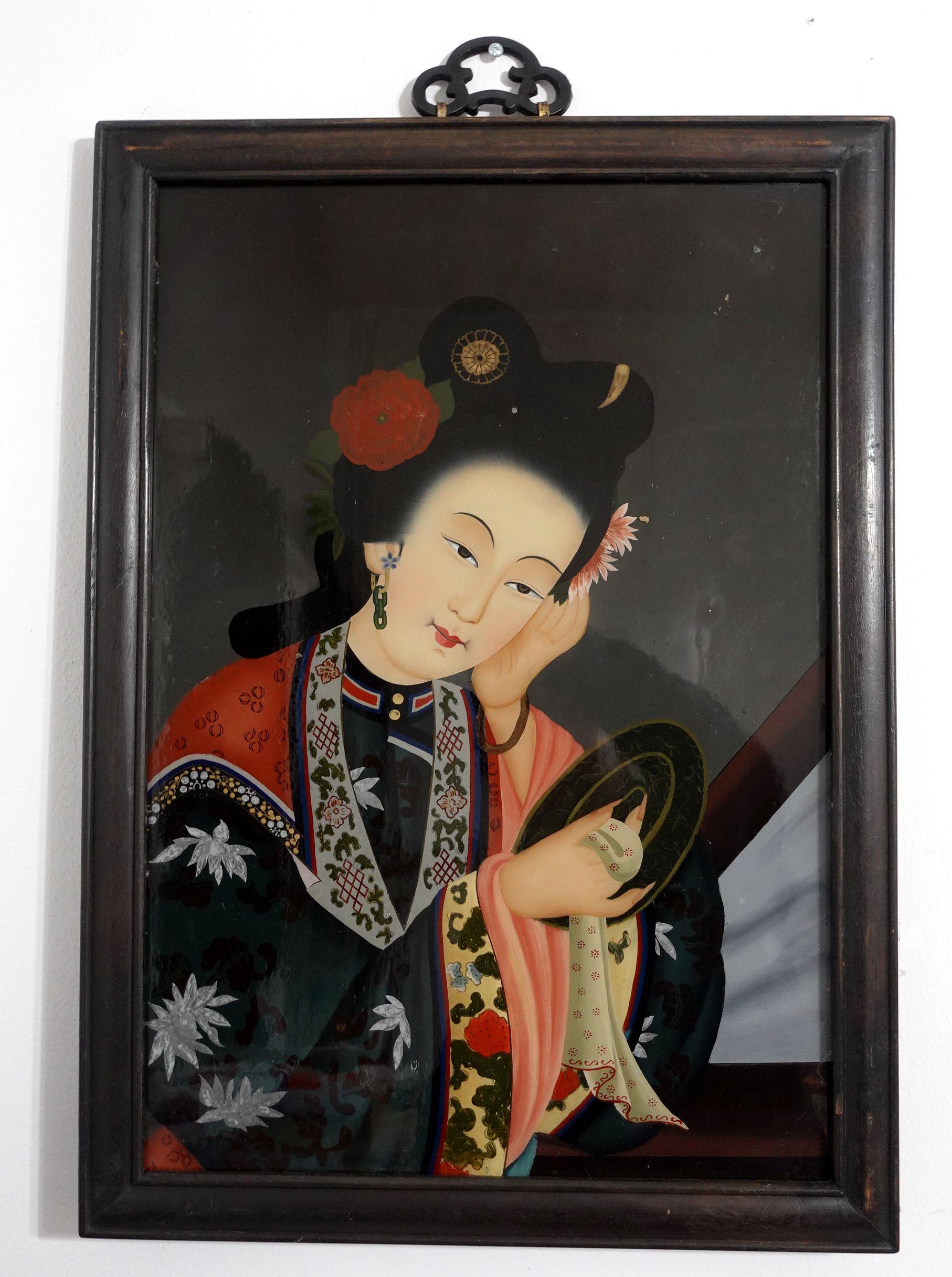 19th Century Pair of Chinese Export Reverse Paintings On Glass, The Beauties