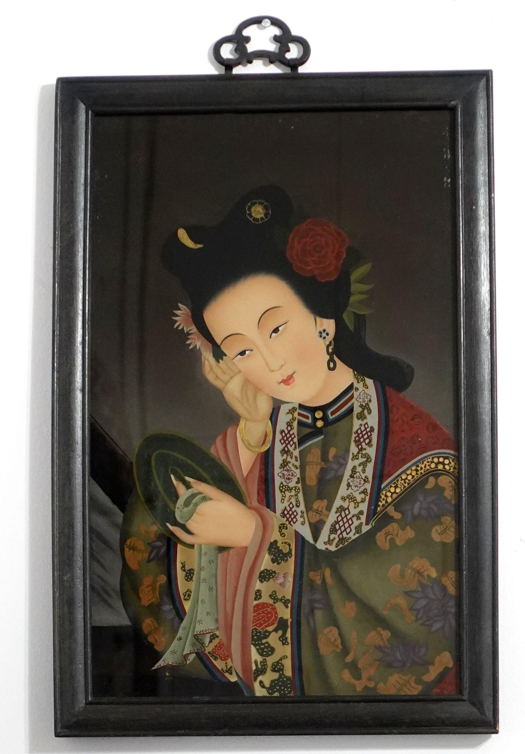 Pair of Chinese Export Reverse Paintings On Glass, The Beauties 2