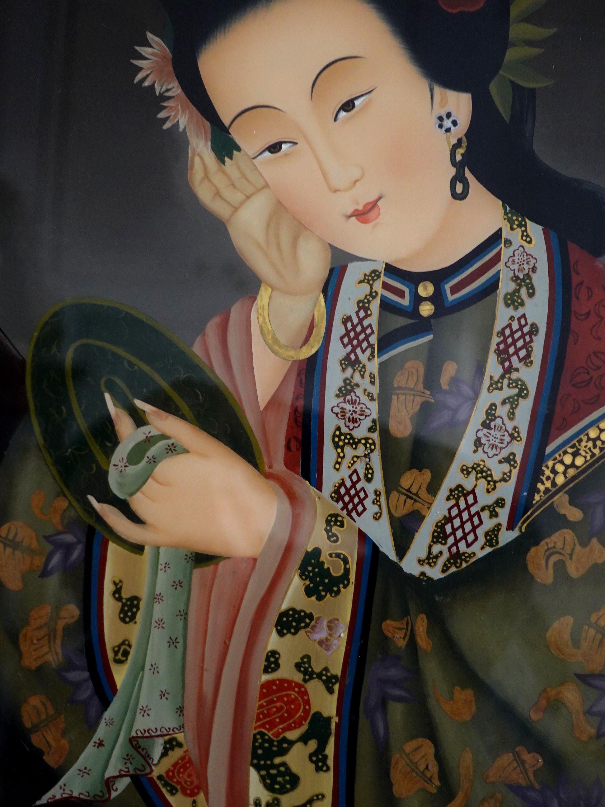 Pair of Chinese Export Reverse Paintings On Glass, The Beauties 4