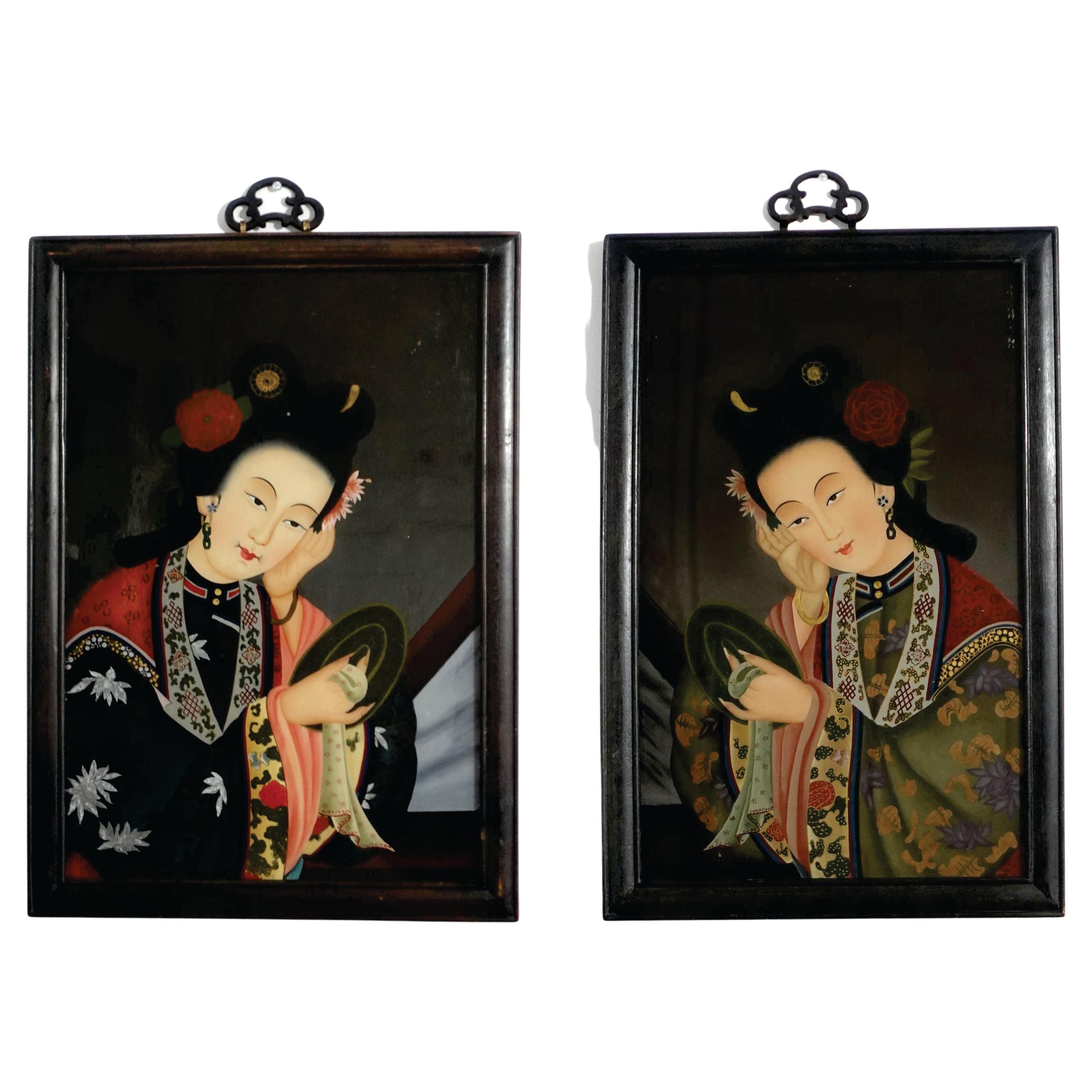 Pair of Chinese Export Reverse Paintings On Glass, The Beauties