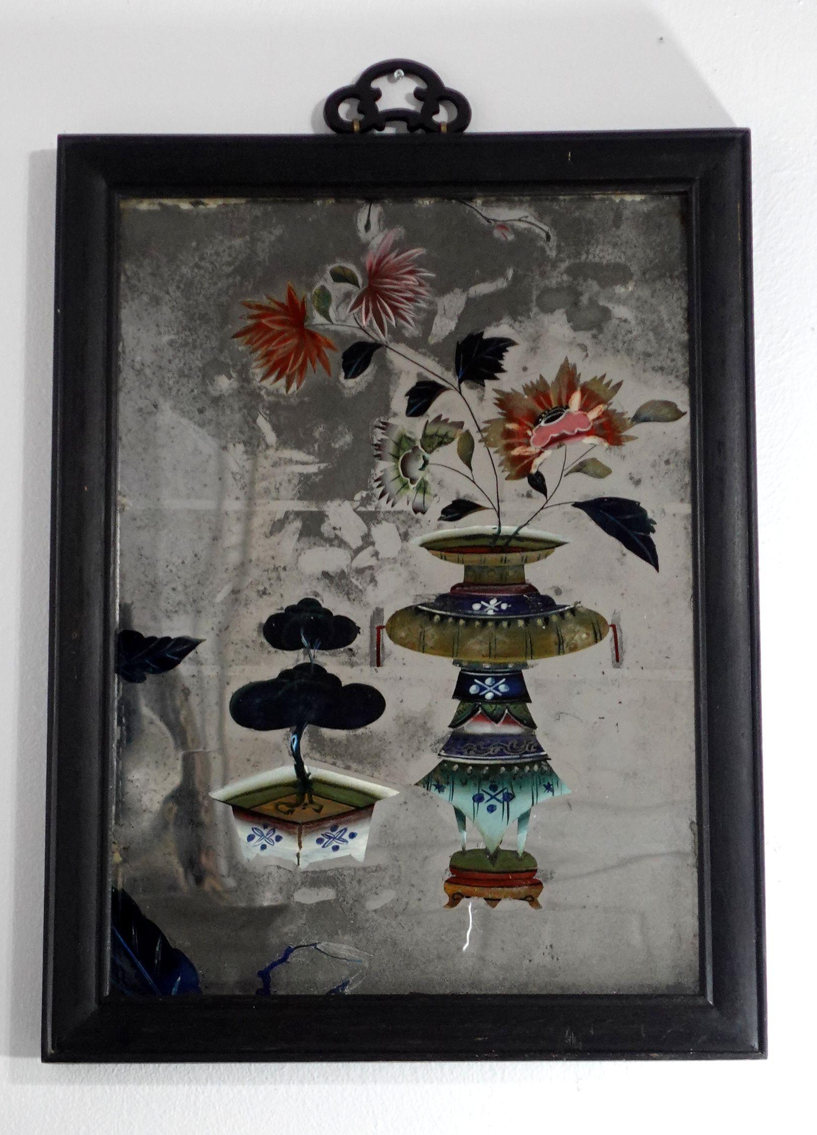Pair of Chinese Export Reverse Paintings on Mirrors, Still Life at 1stDibs