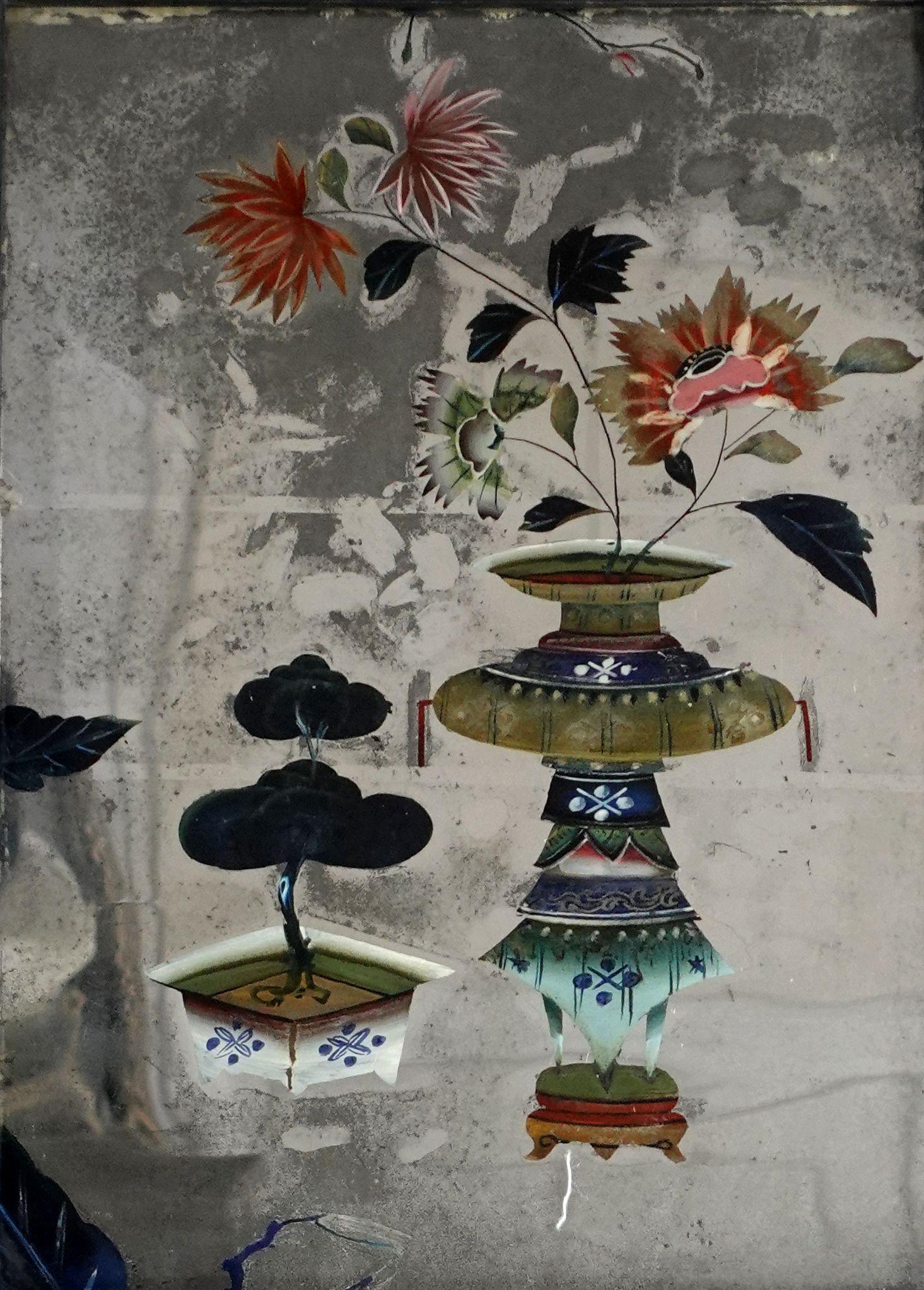 Hand-Painted Pair of Chinese Export Reverse Paintings on Mirrors, Still Life
