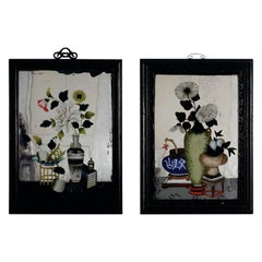 Paire de peintures d'exportation chinoises inversées sur miroirs, nature morte#2
