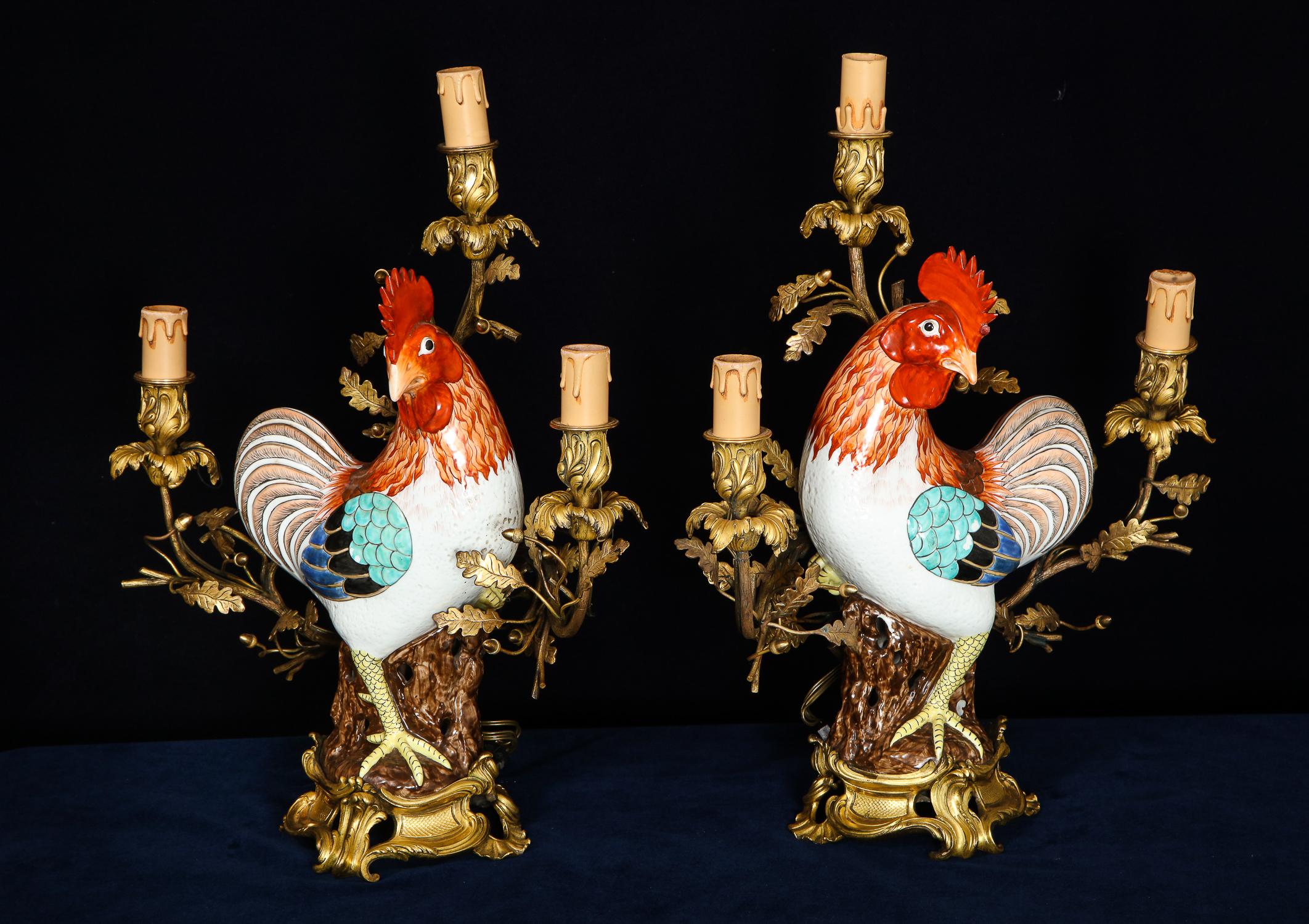 Hand-Painted Pair of Chinese Export Rooster Louis XVI Style Gilt Bronze-Mounted Candelabras For Sale