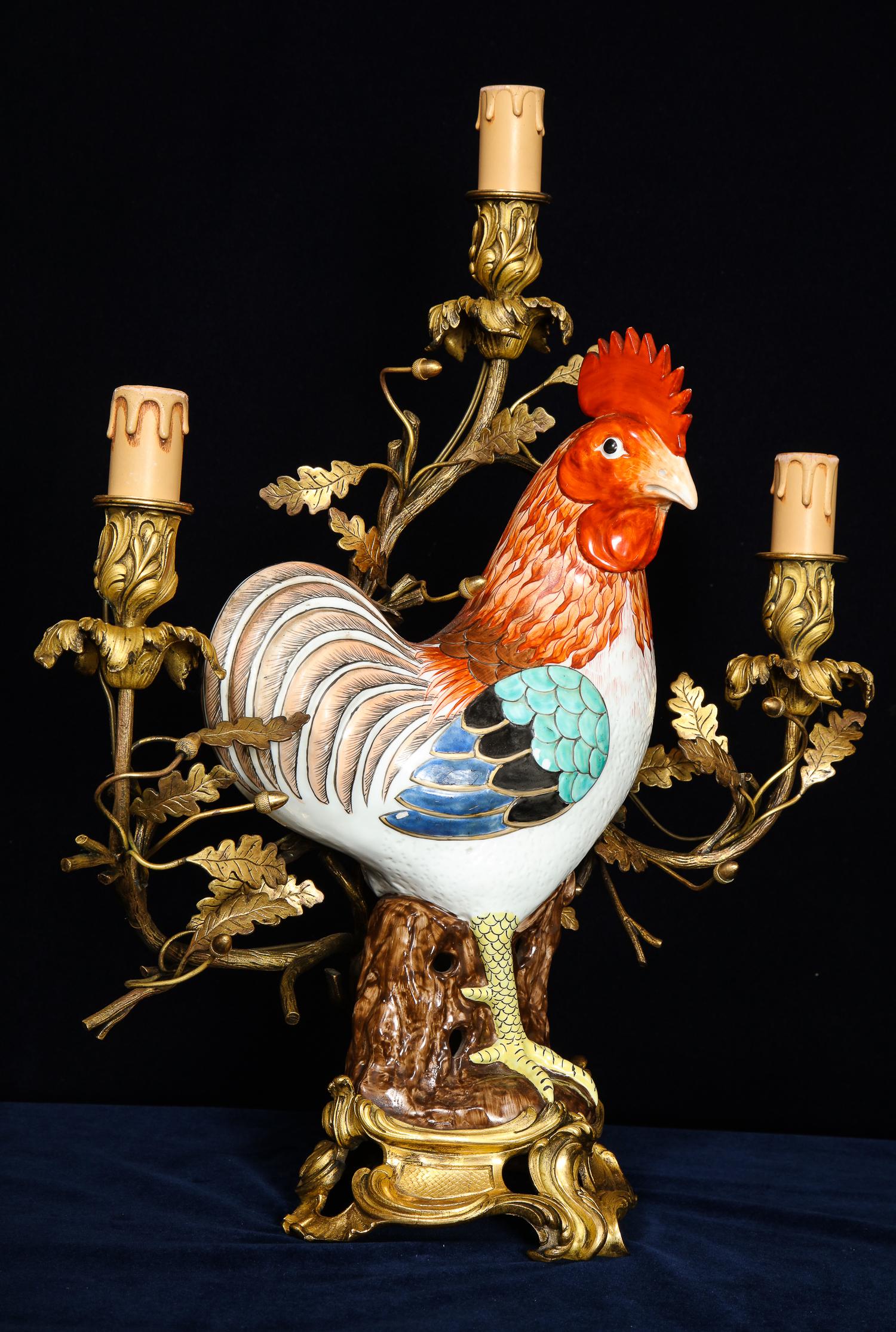 19th Century Pair of Chinese Export Rooster Louis XVI Style Gilt Bronze-Mounted Candelabras For Sale