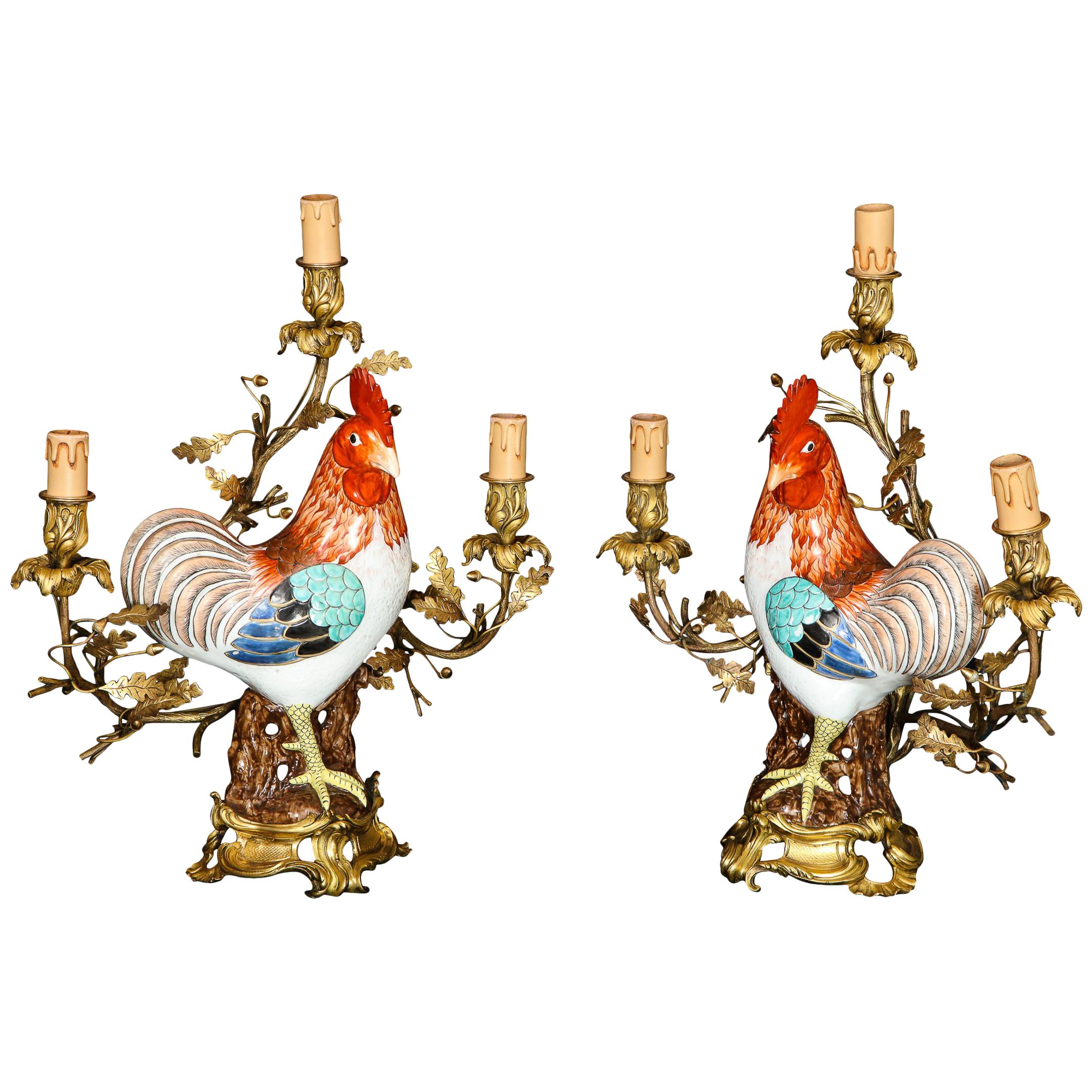 Pair of Chinese Export Rooster Louis XVI Style Gilt Bronze-Mounted Candelabras For Sale